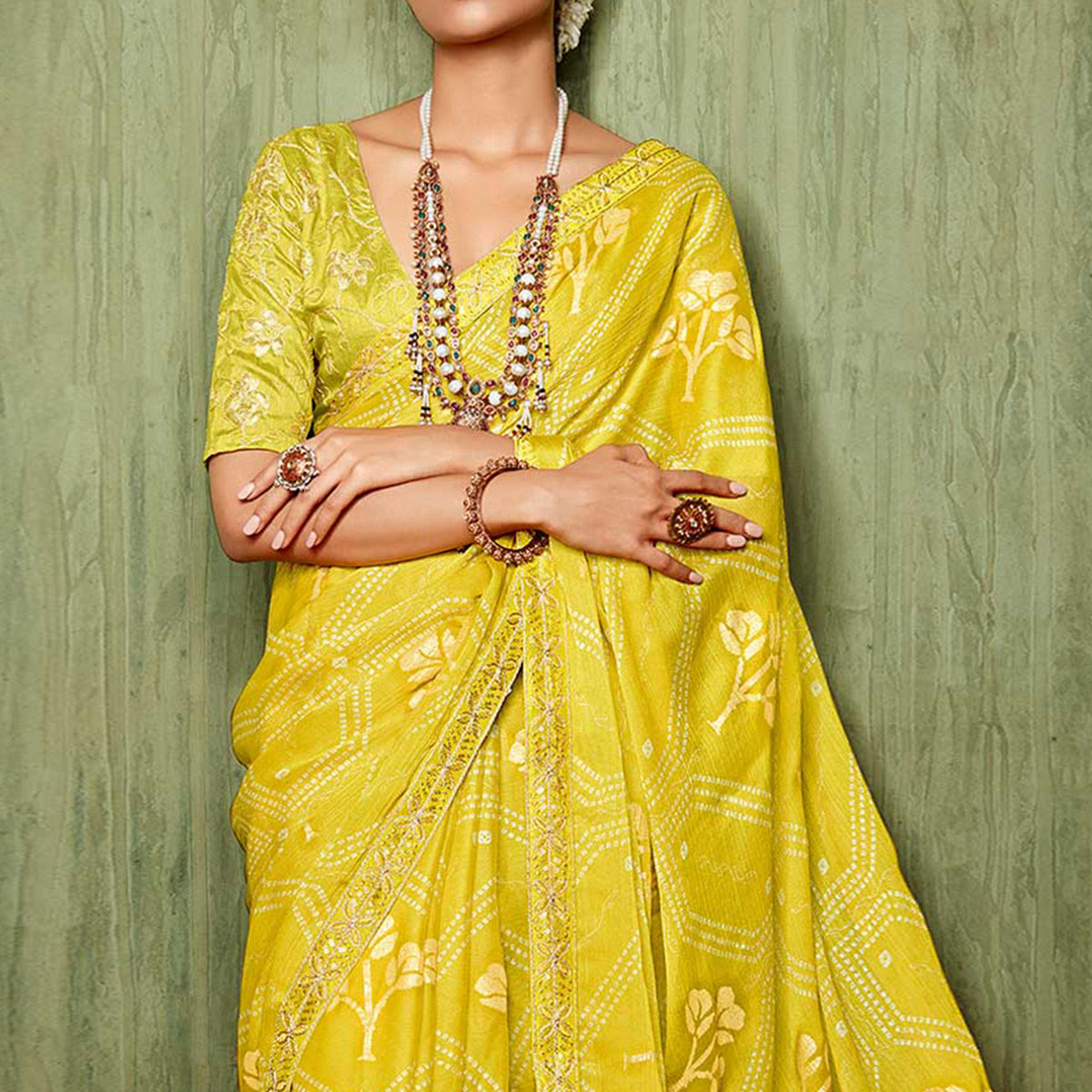 Peachmode Lemon yellow Foil Printed With Embroidered Border Chiffon Saree - view 2
