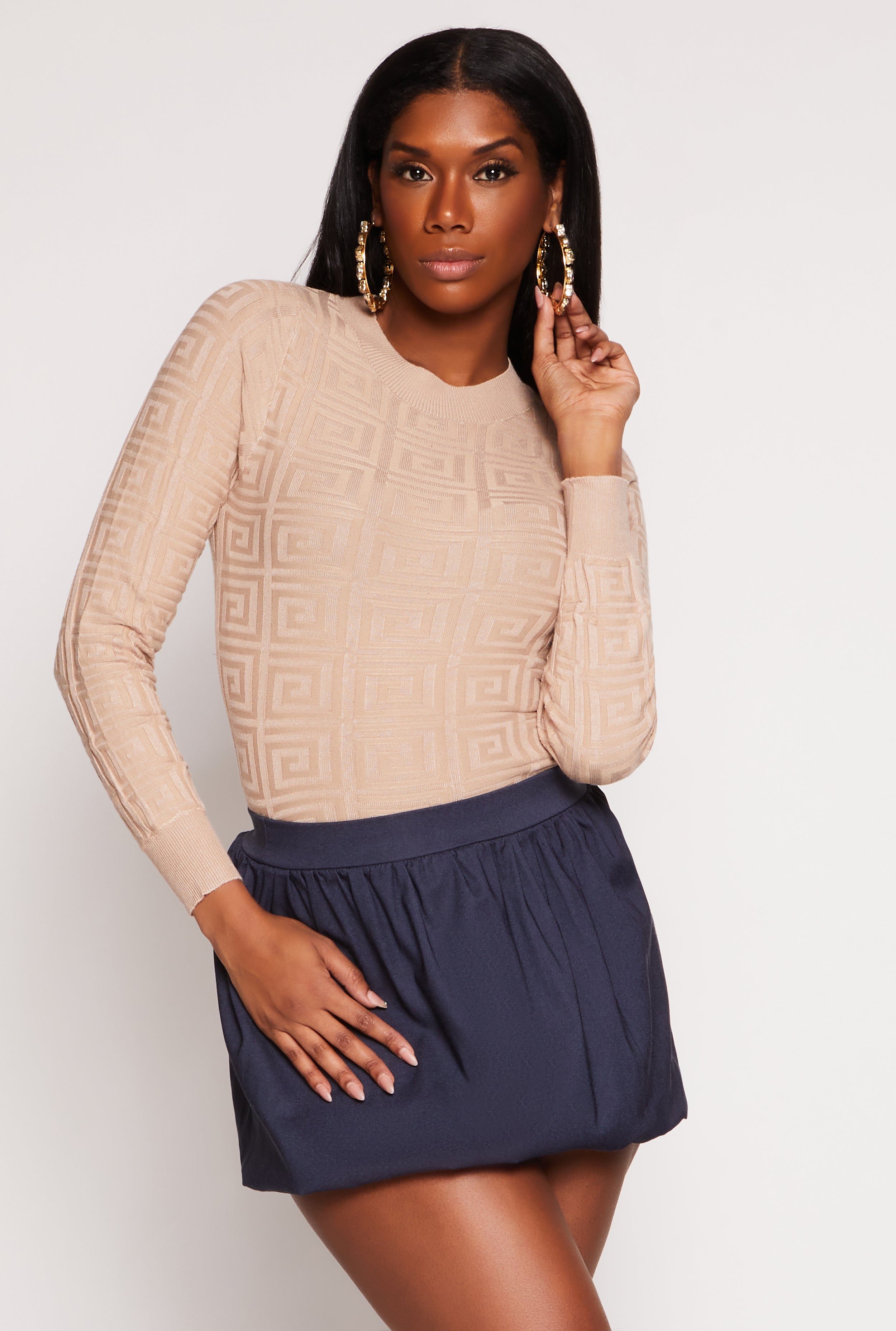 Rainbow Shops Greek Key Textured Knit Sweater
