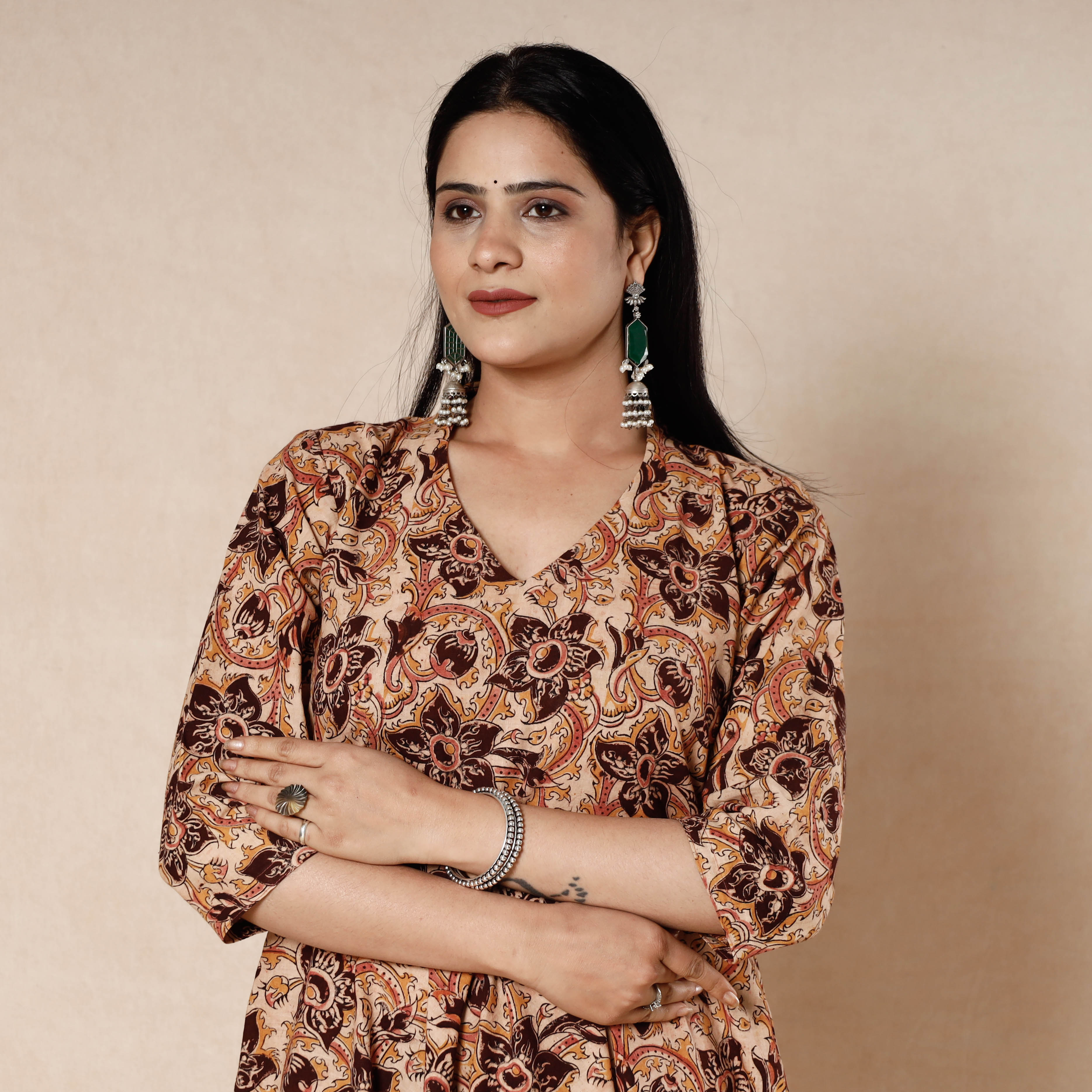 ITOKRI CASUALS Brown - Kalamkari Block Printed Cotton Flared Gher Dress