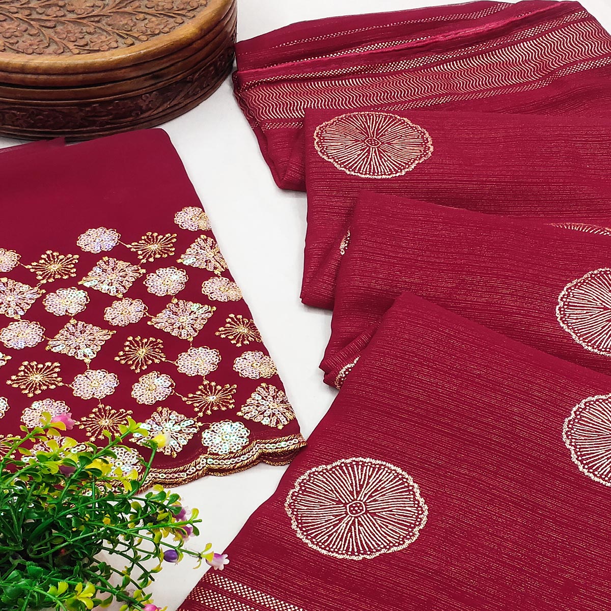 Peachmode Maroon Foil Printed Georgette Saree - view 2