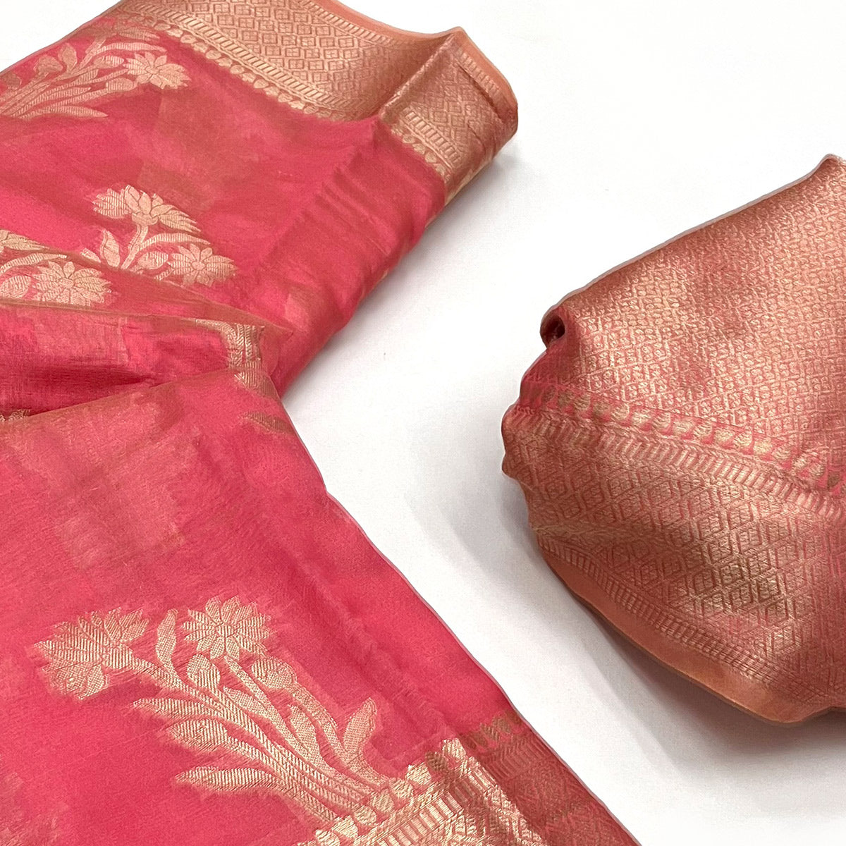 Peachmode Gajari Pink Zari Woven Raw Silk Saree - view 2