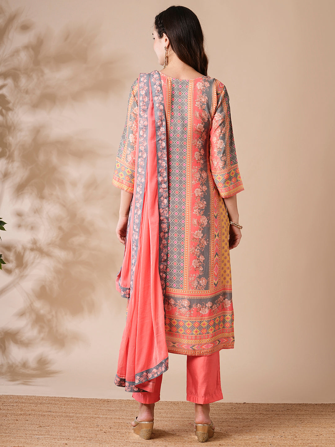 Fashor Floral Ethnic Printed & Embroidered Straight Kurta with Pant & Dupatta - Peach - view 6