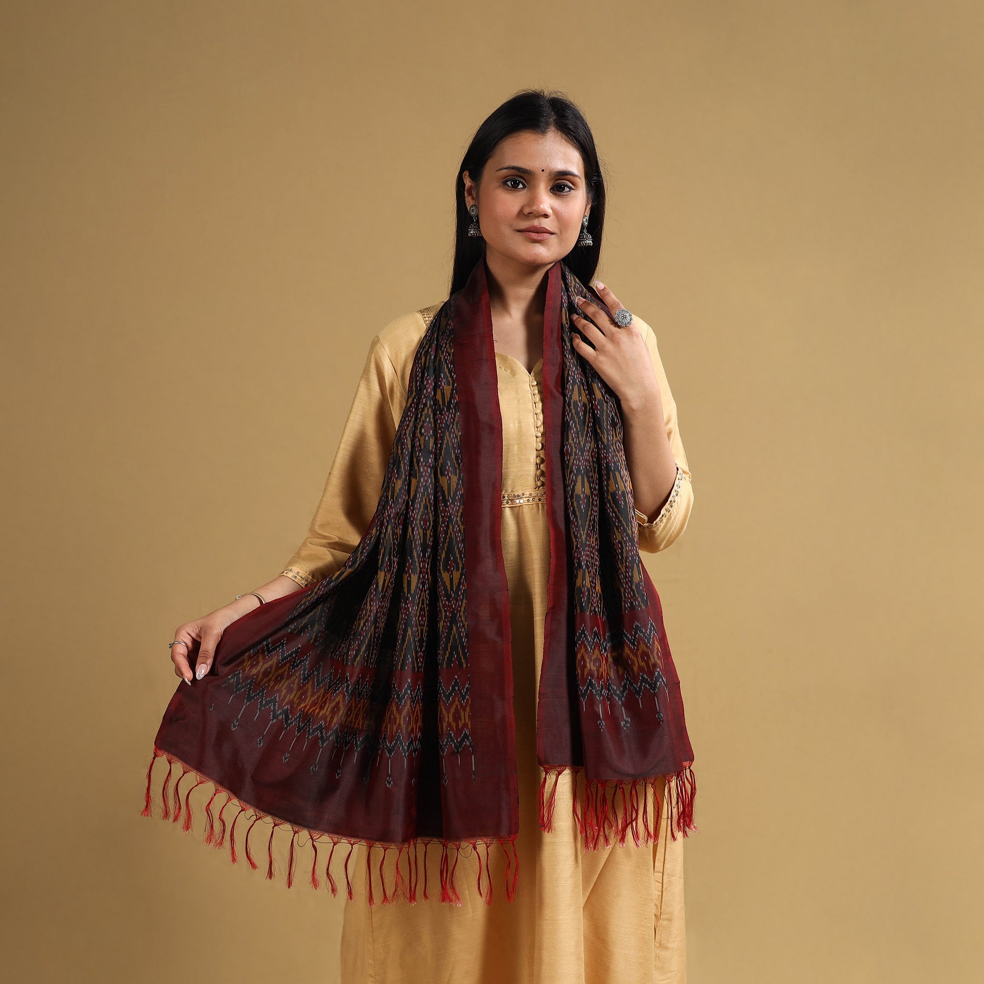 POCHAMPALLY IKAT WEAVES BY GOVARDHAN Brown - Handloom Mulberry Silk Pochampally Ikat Stole 14