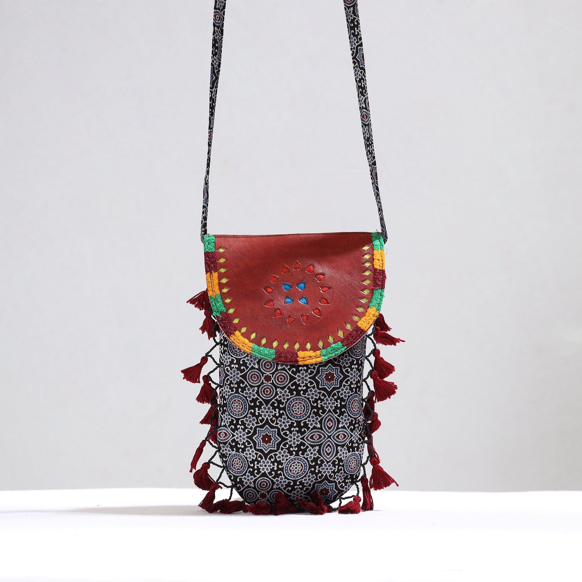 KACHCHH JI CHHAAP Black - Kutch Leather & Mashru Silk Sling Bag with Tassels 31