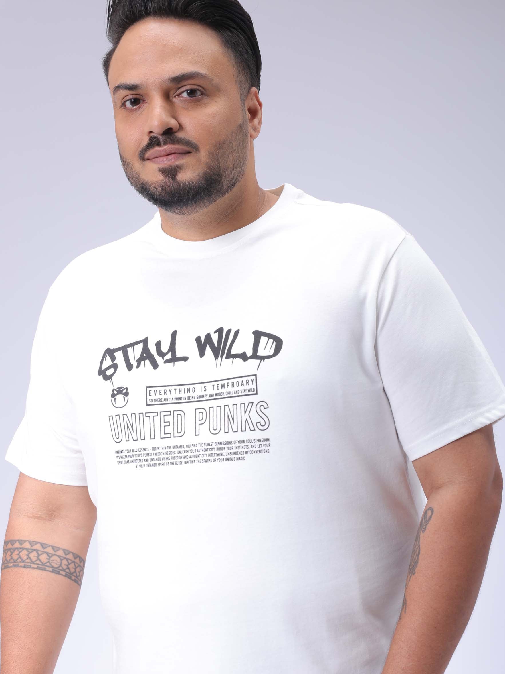 HARDSODA Men's Plus Size White Regular Fit Printed T-Shirt