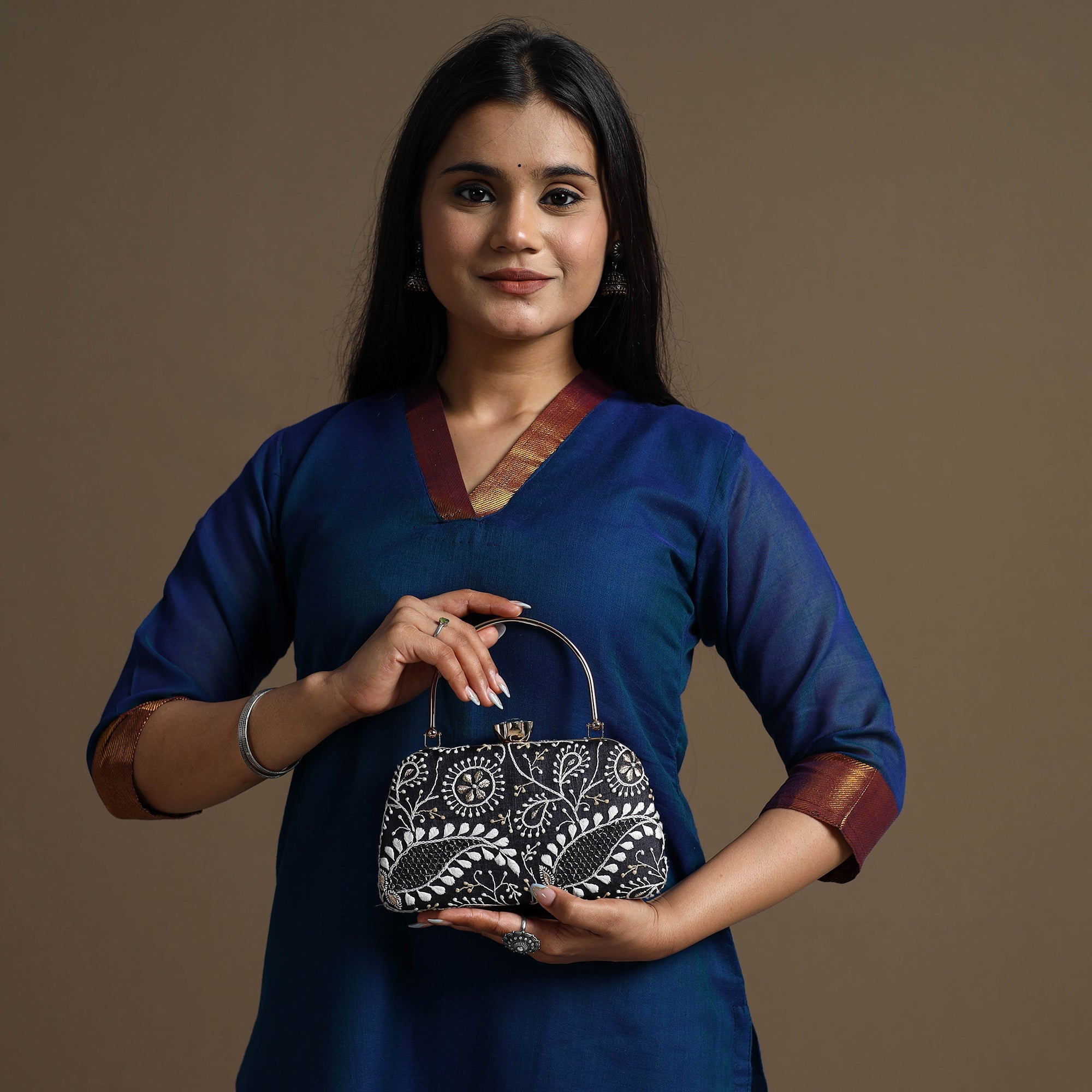 LAVANGG Black - Chikankari Hand Embroidery Tussar Silk Clutch / Sling Bag 01