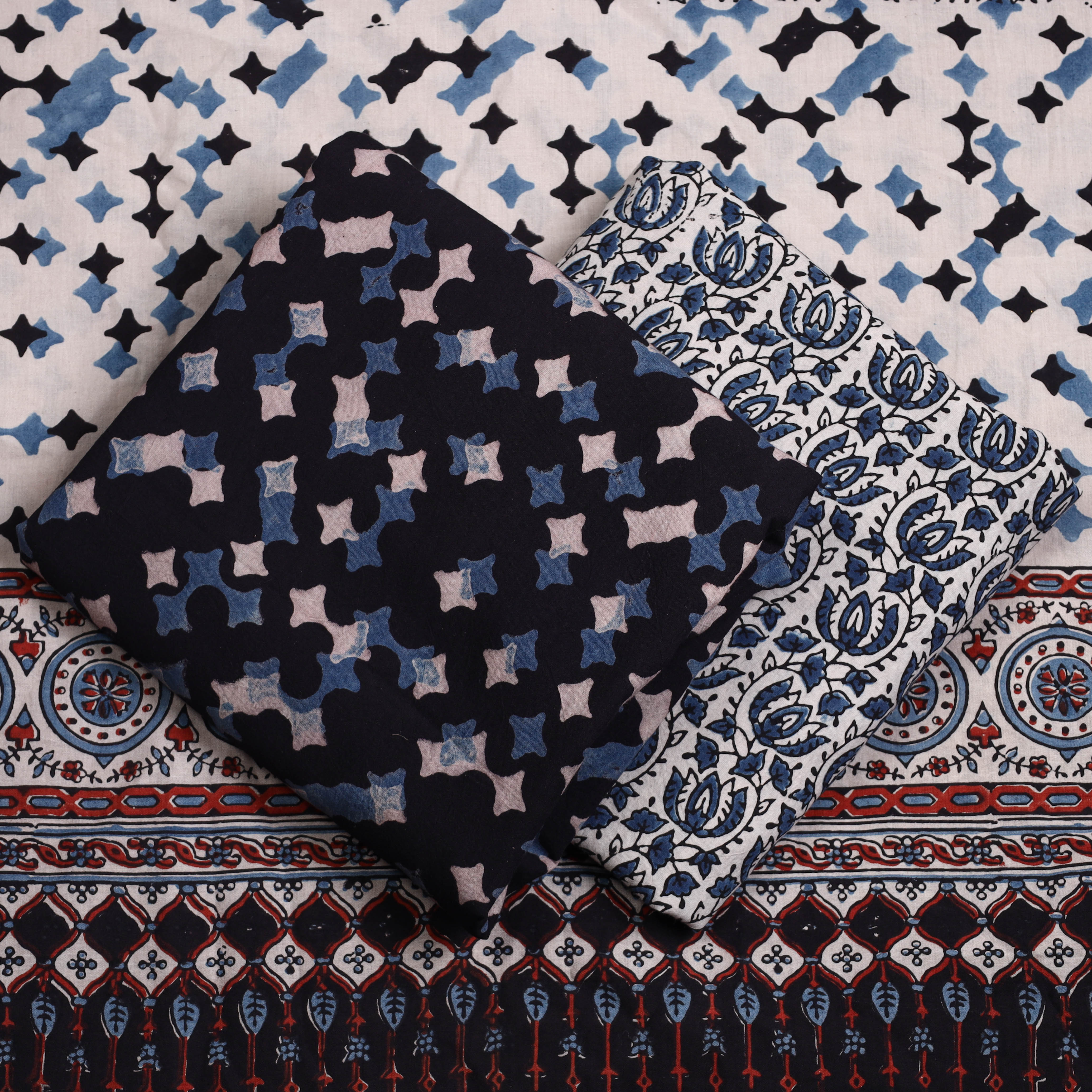 AJRAKH BY JABBAR KHATRI Black - 3pc Ajrakh Block Printed Natural Dyed Cotton Suit Material Set 06 - view 2
