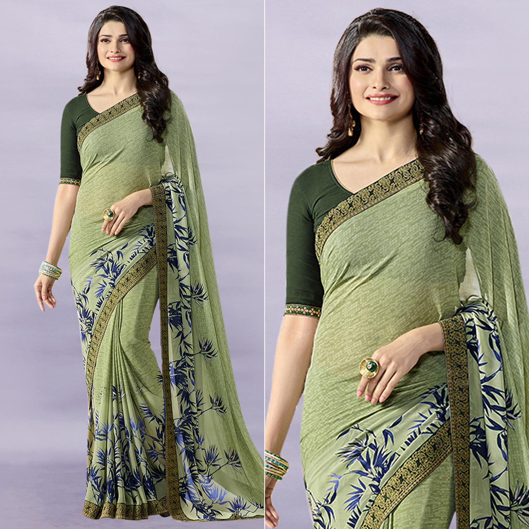 Peachmode Mehendi Green Floral Printed Georgette Saree