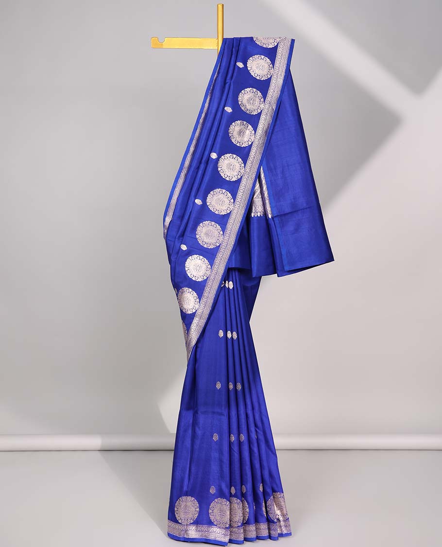 Pothys Blue floral buttas raw mango silk saree with self round buttas border & striped zari design pallu