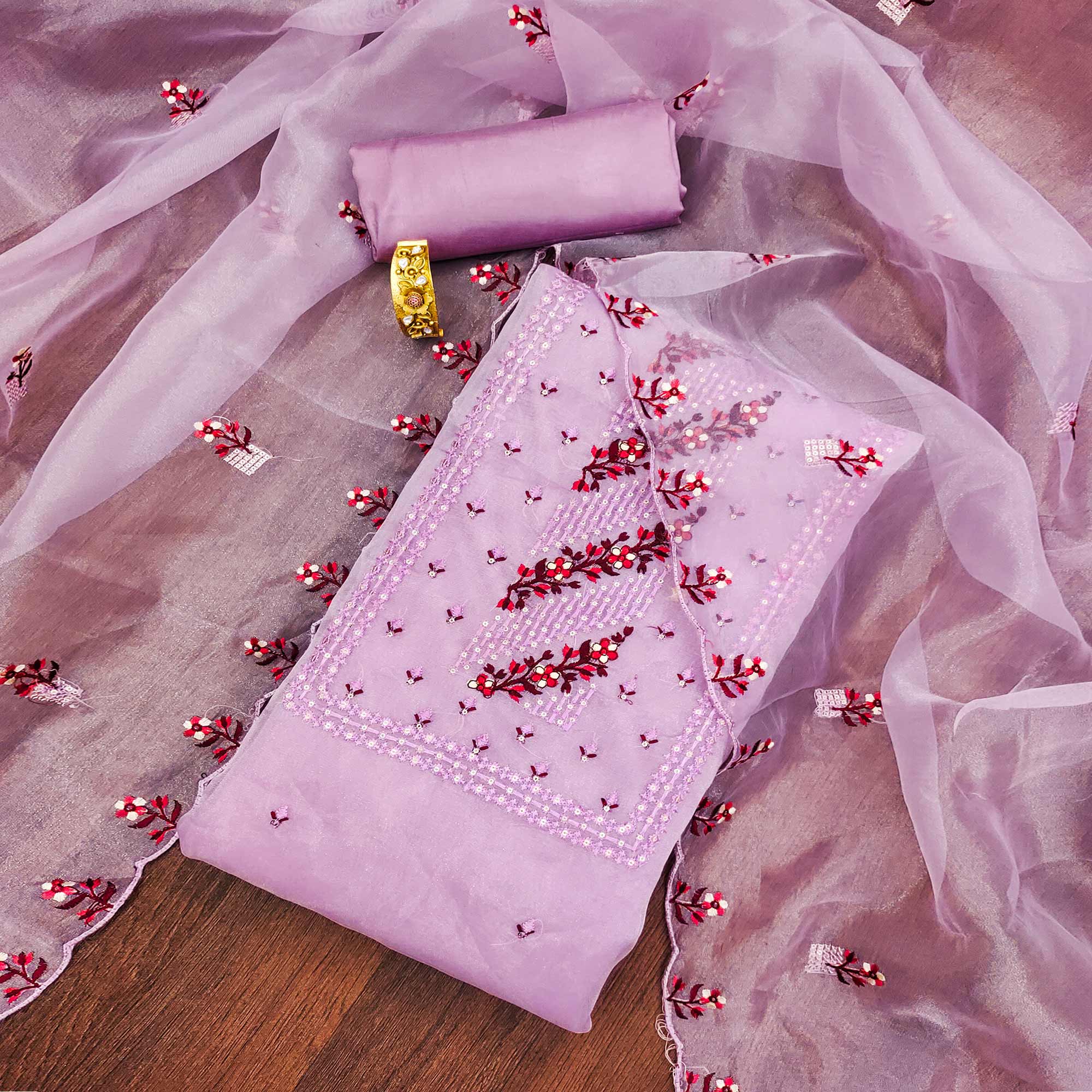 Peachmode Light Lavendar Floral Sequins Embroidered Organza Dress Material
