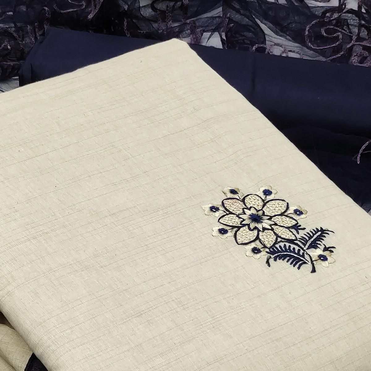 Peachmode Cream - Blue Casual Wear Floral Embroidered Cotton Dress Material - view 2