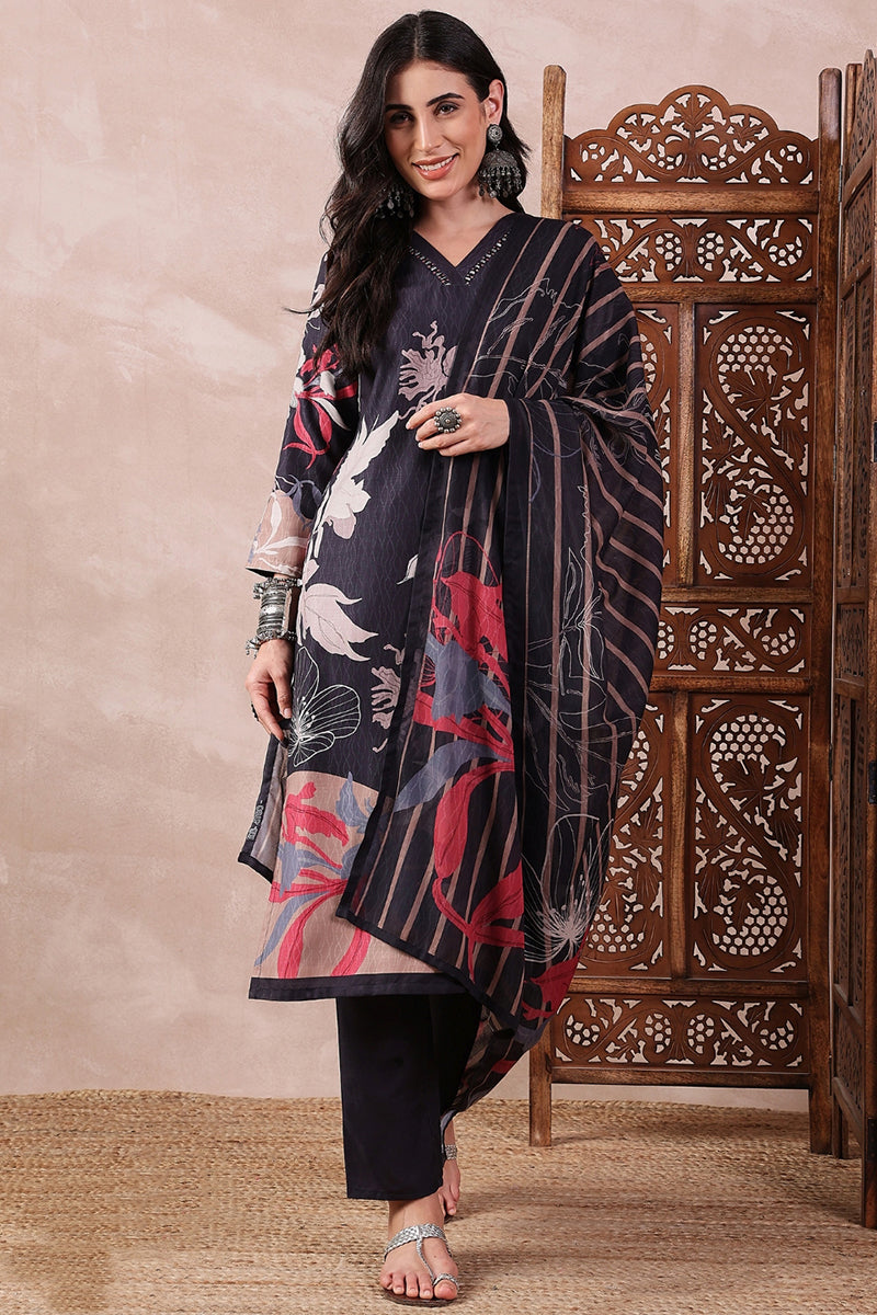 Ahika Black Rayon Blend Floral Printed Straight Trouser Bottom Suit Set PKSKD2543BLK