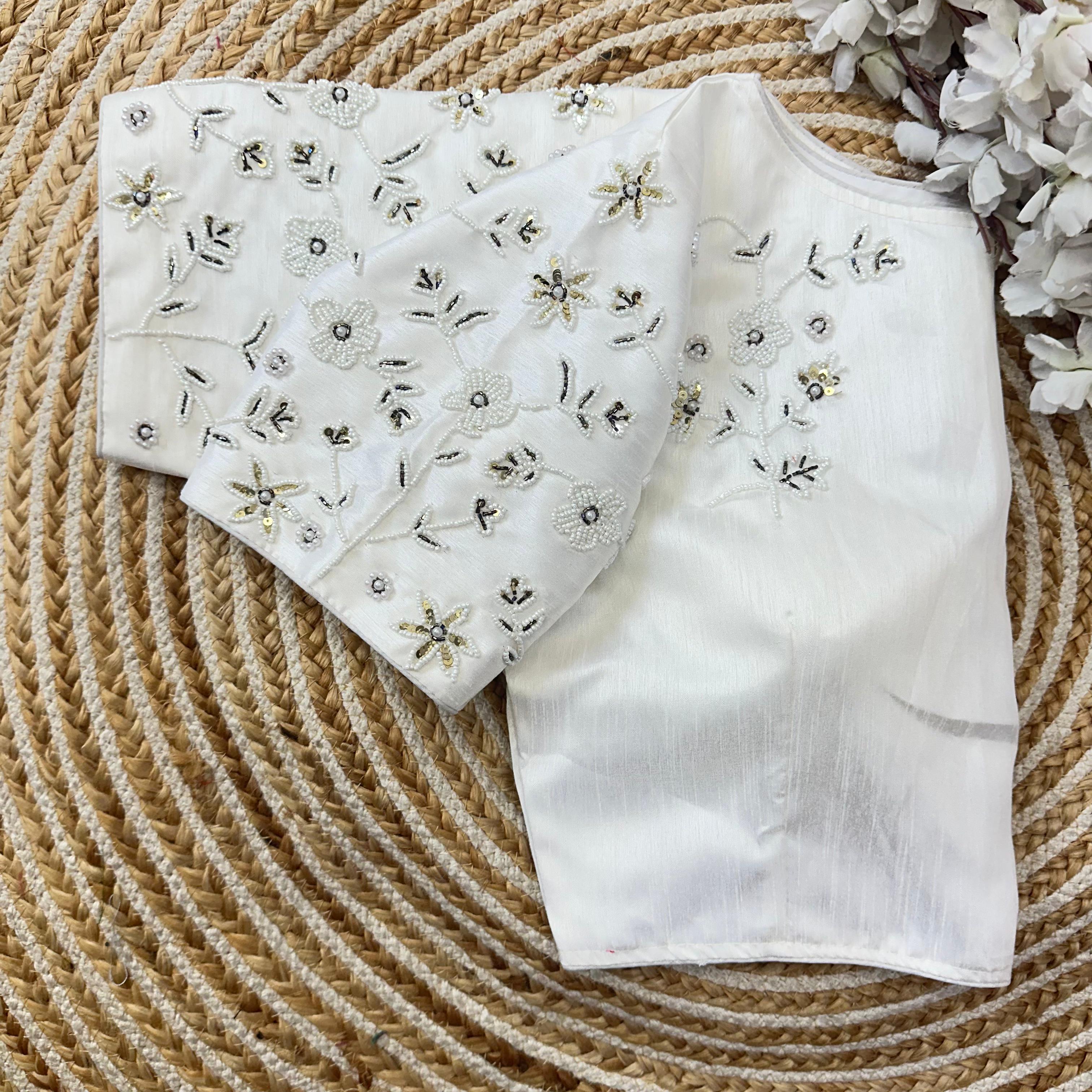 ClothsVilla White Handcrafted Jilmil Silk Blouse with Intricate Embroidery - view 6