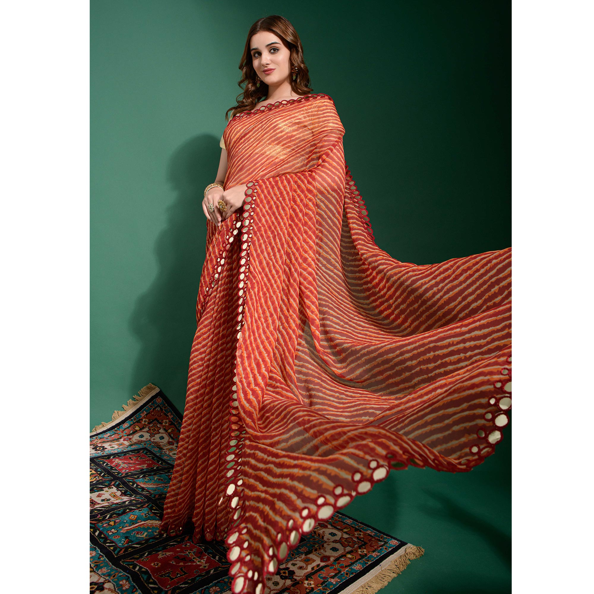 Peachmode Maroon Leheriya Printed With Embroidered Border Chiffon Saree - view 5