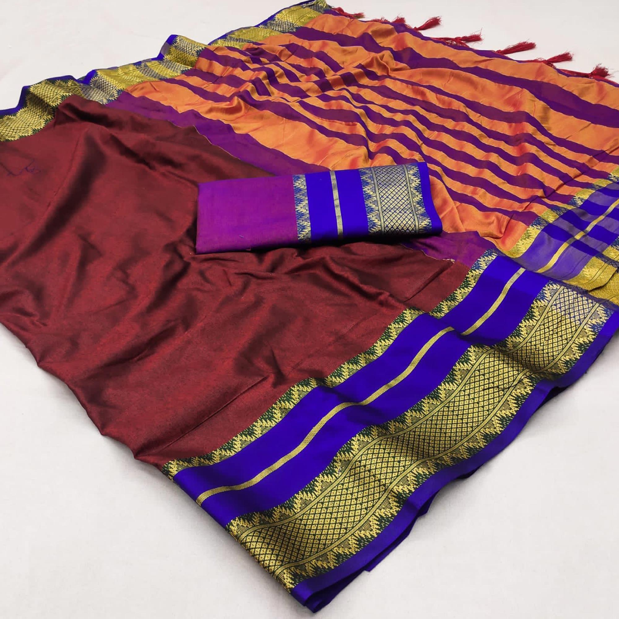 Peachmode Maroon Woven Cotton Silk Saree With Tassels