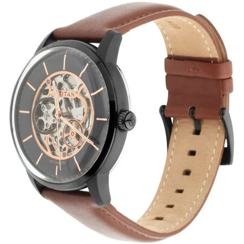 Titan Automatics Black Dial Tan Leather Strap Watch for Men 44mm NT90110NL01 - view 2