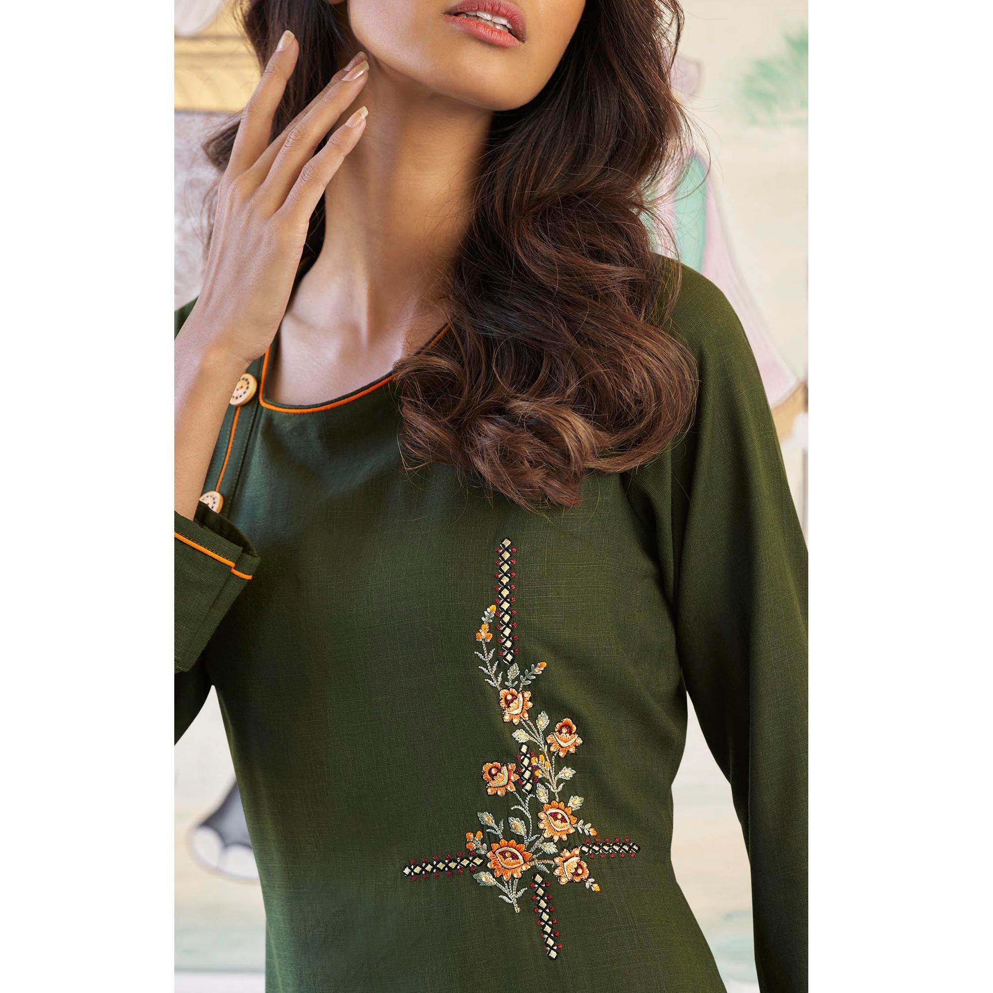 Peachmode Seller Dark Mehendi Green Casual Wear Embroidered Heavy Rayon Kurti - Palazzo Set - view 3