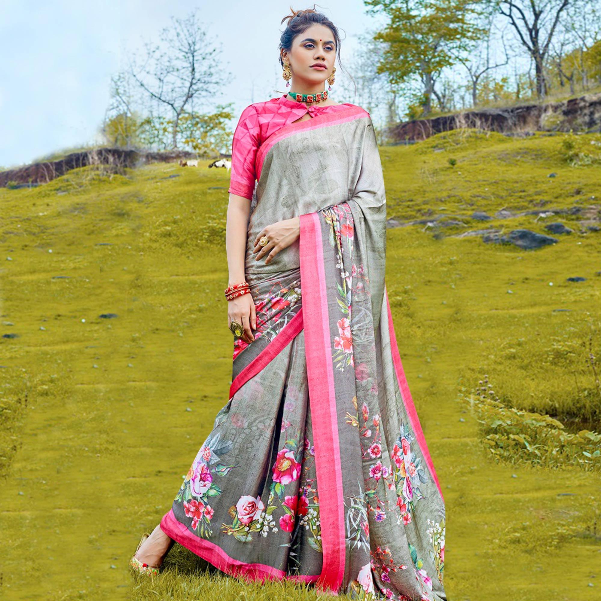 Peachmode Exotic Gray Colored Casual Digital Printed Satin Crepe Saree