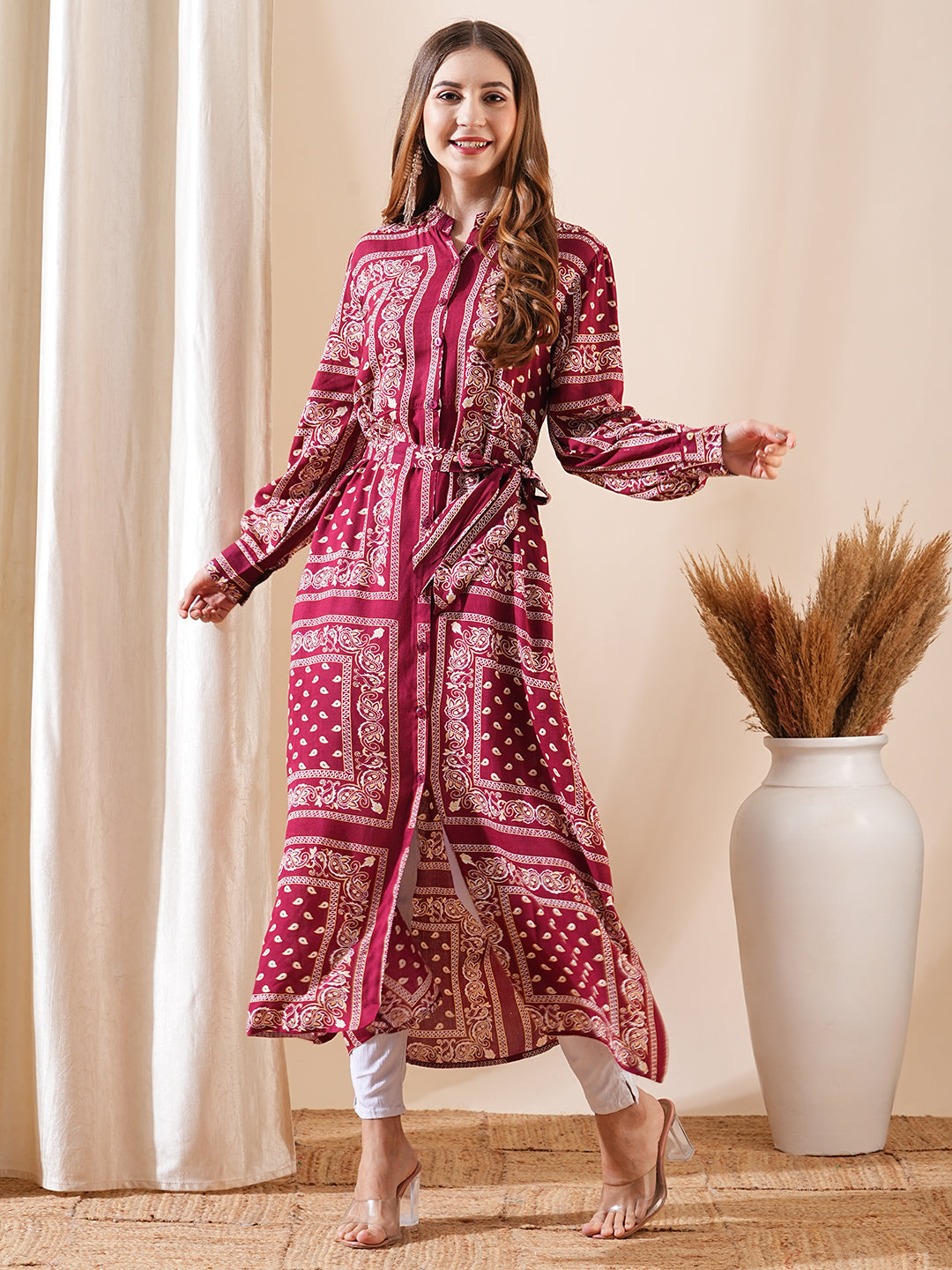 Fashor Ethnic Floral Printed Straight Fit Kurta with Tie Ups - Maroon - view 3