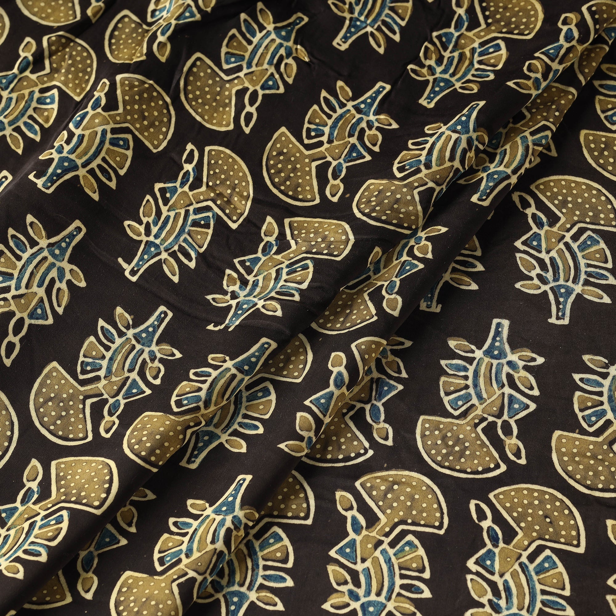 RIYAZ ABDULMAJID KHATRI - AJRAKH Black - Yellow Butta's On Black Ajrakh Hand Block Printed Modal Silk Fabric - view 2