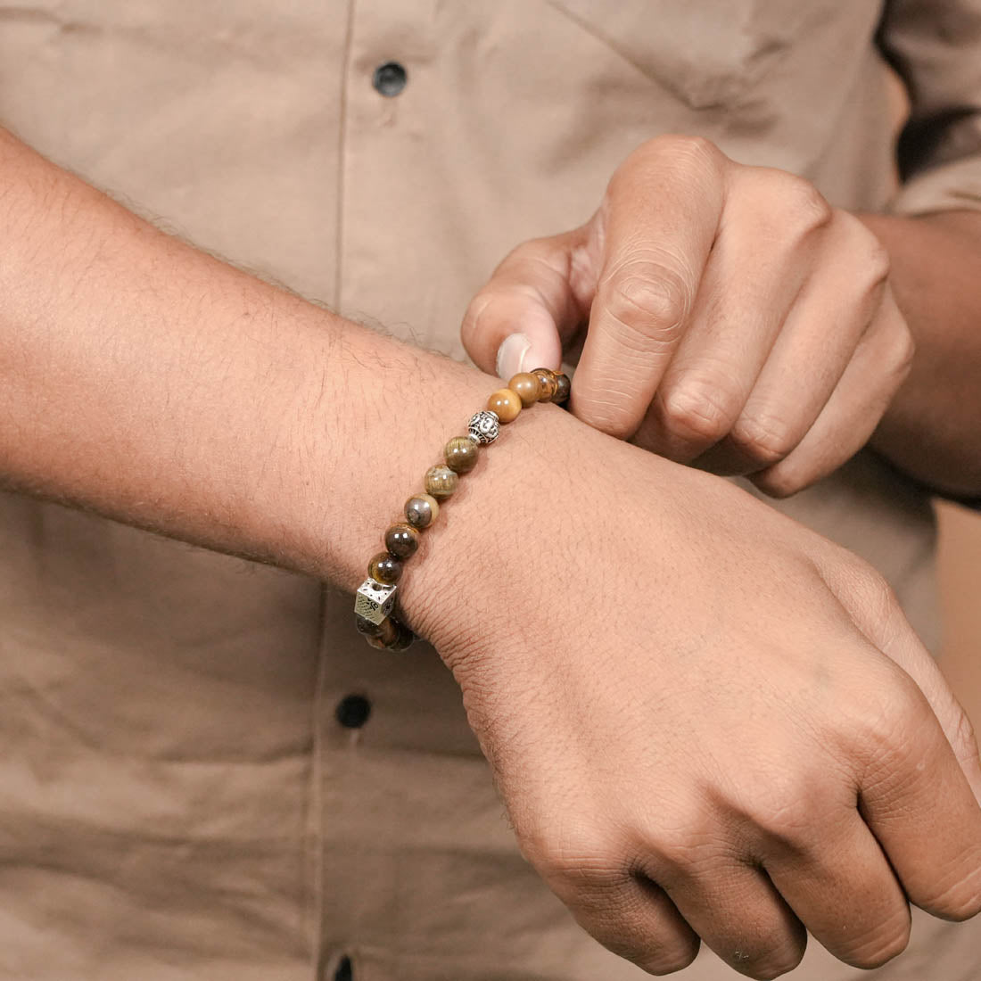 Prinjal Jewellers Tiger Eye Stone with Om Silver Beads Bracelet - view 3