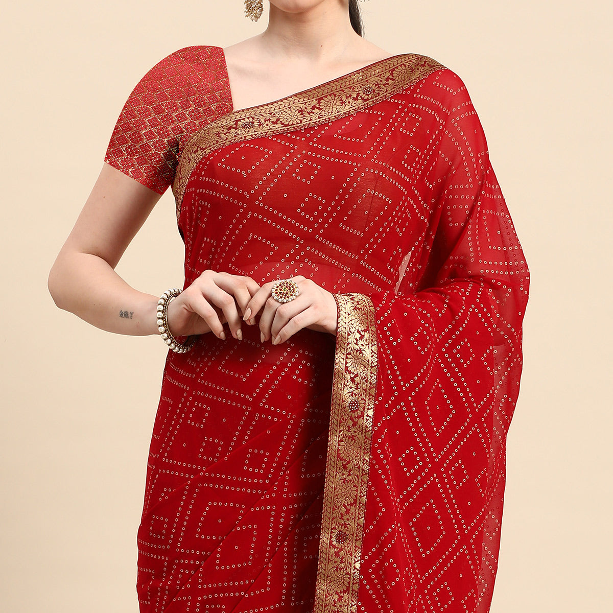 Peachmode Dark Red Foil Printed With Swarovski Georgette Saree - view 3