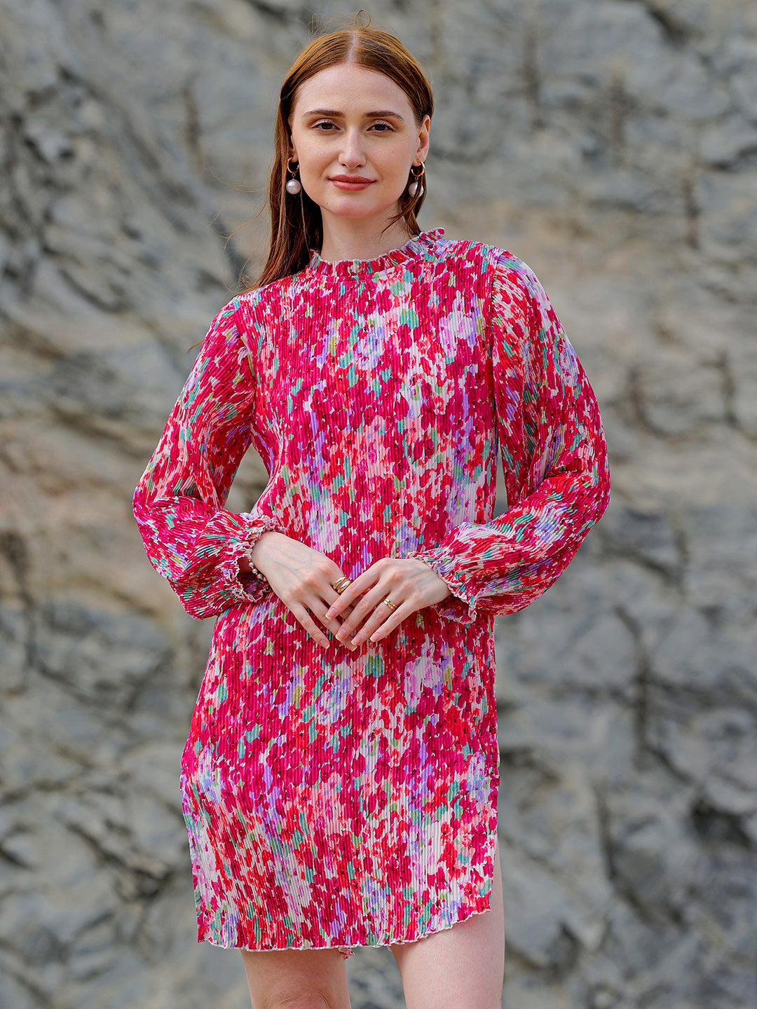 Freehand by The Indian Garage Co Women's Pink Straight Floral Round Neck Pleated Dress