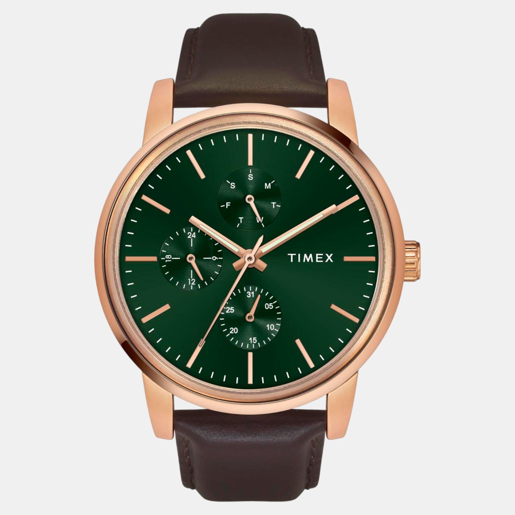 Timex Fashion Men Quartz Green Dial Multi-Function Leather Watch TWEG18905