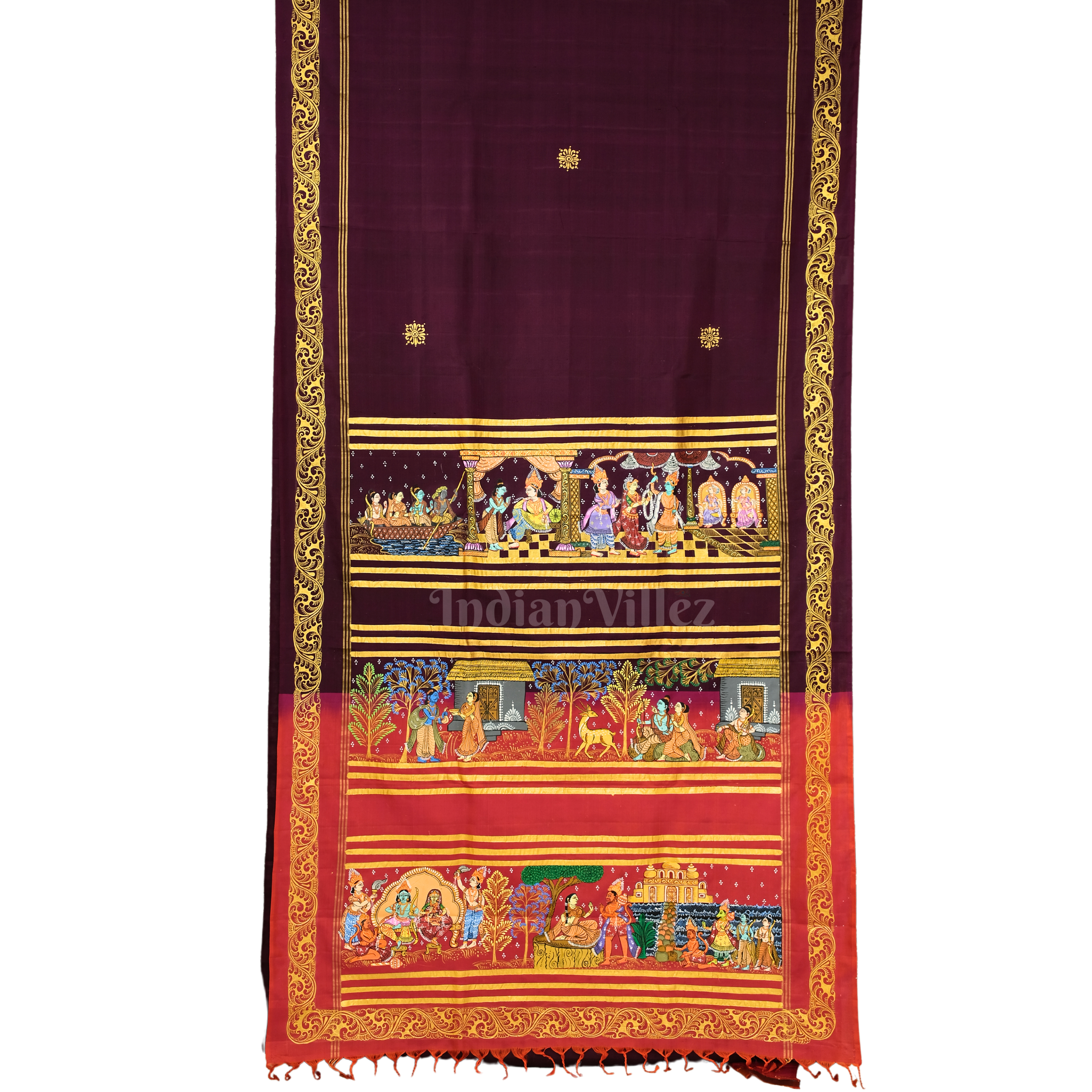 IndianVillèz Deep Maroon Colour Ramayan Theme Hand-Painted Pattachitra Saree