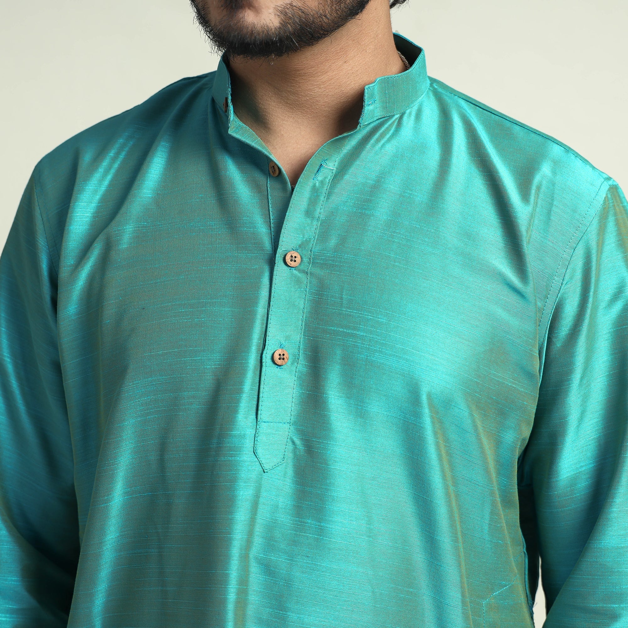 ITOKRI CASUALS Aqua - Blue Plain Dyed Slub Silk Men Long Kurta - view 4