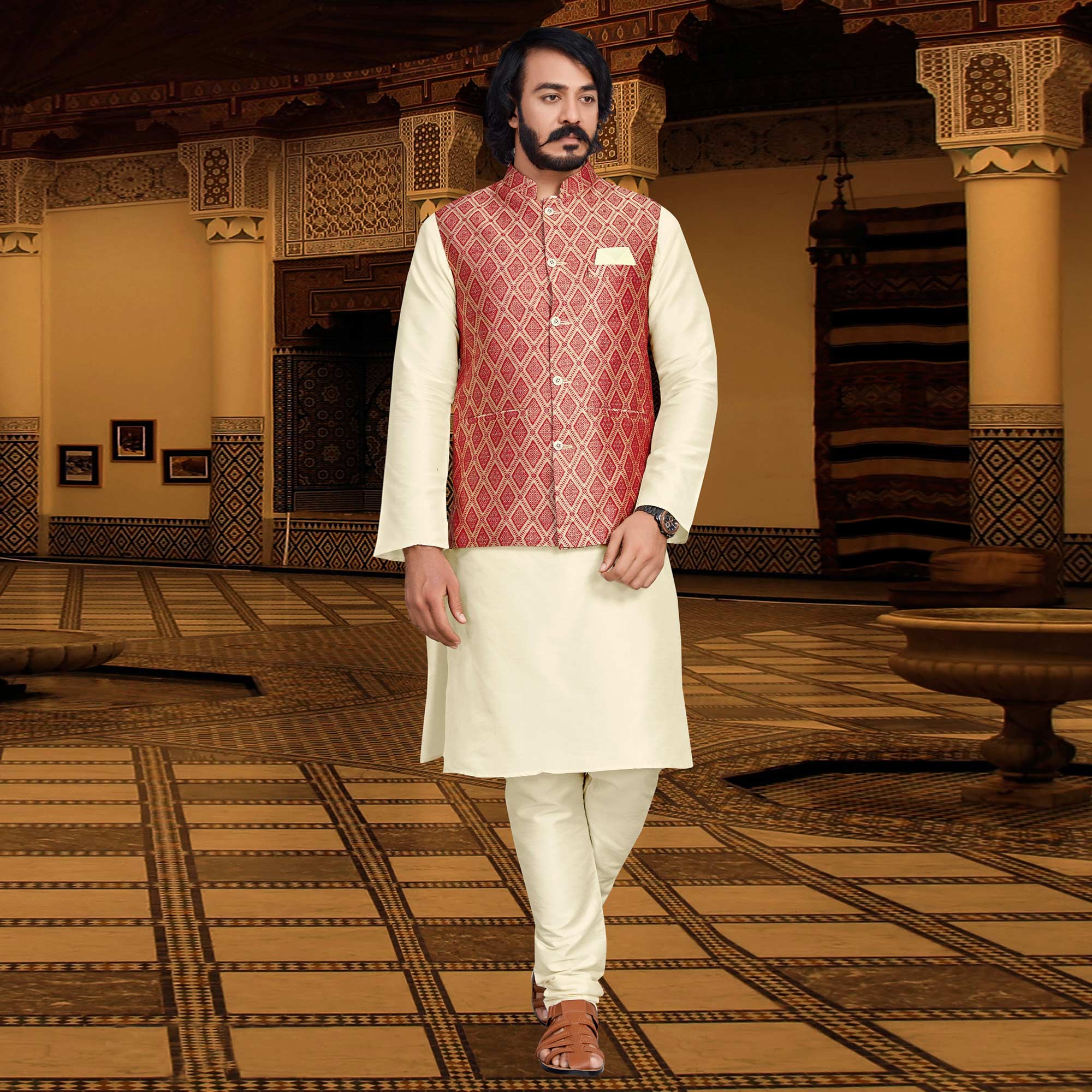 Peachmode Seller Cream Red Woven Art Silk Kurta Pyjama Set With Jacket - view 2