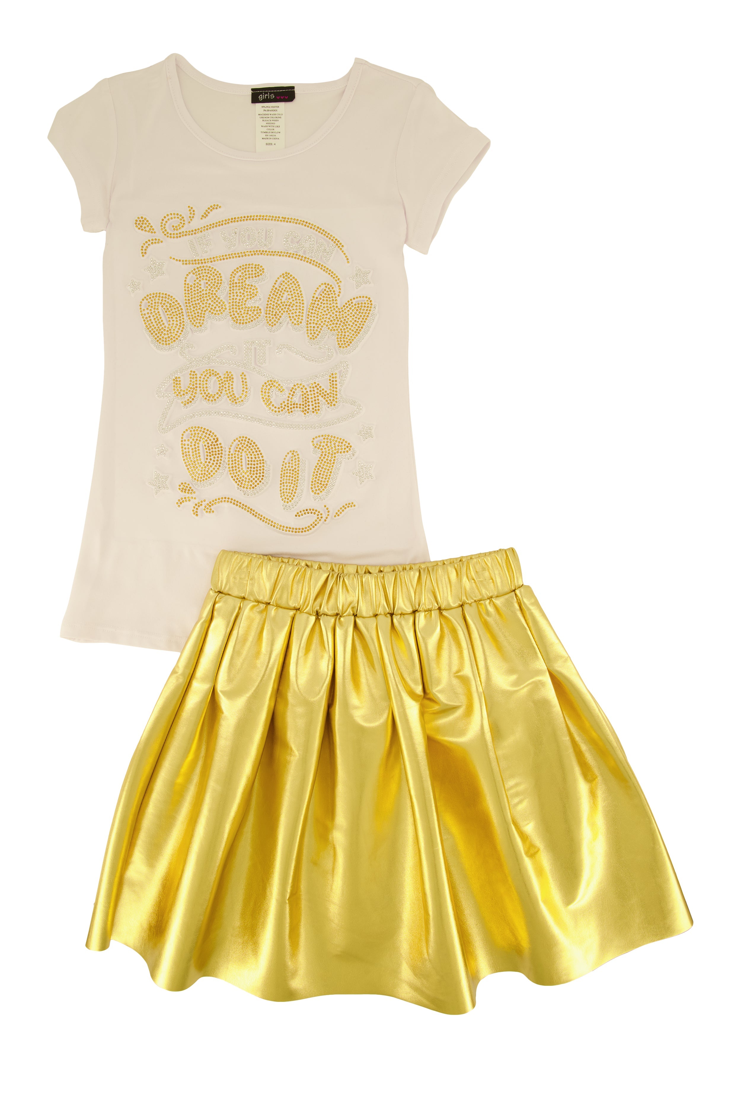 Rainbow Shops Little Girls Rhinestone Graphic Top and Faux Leather Pleated Skort