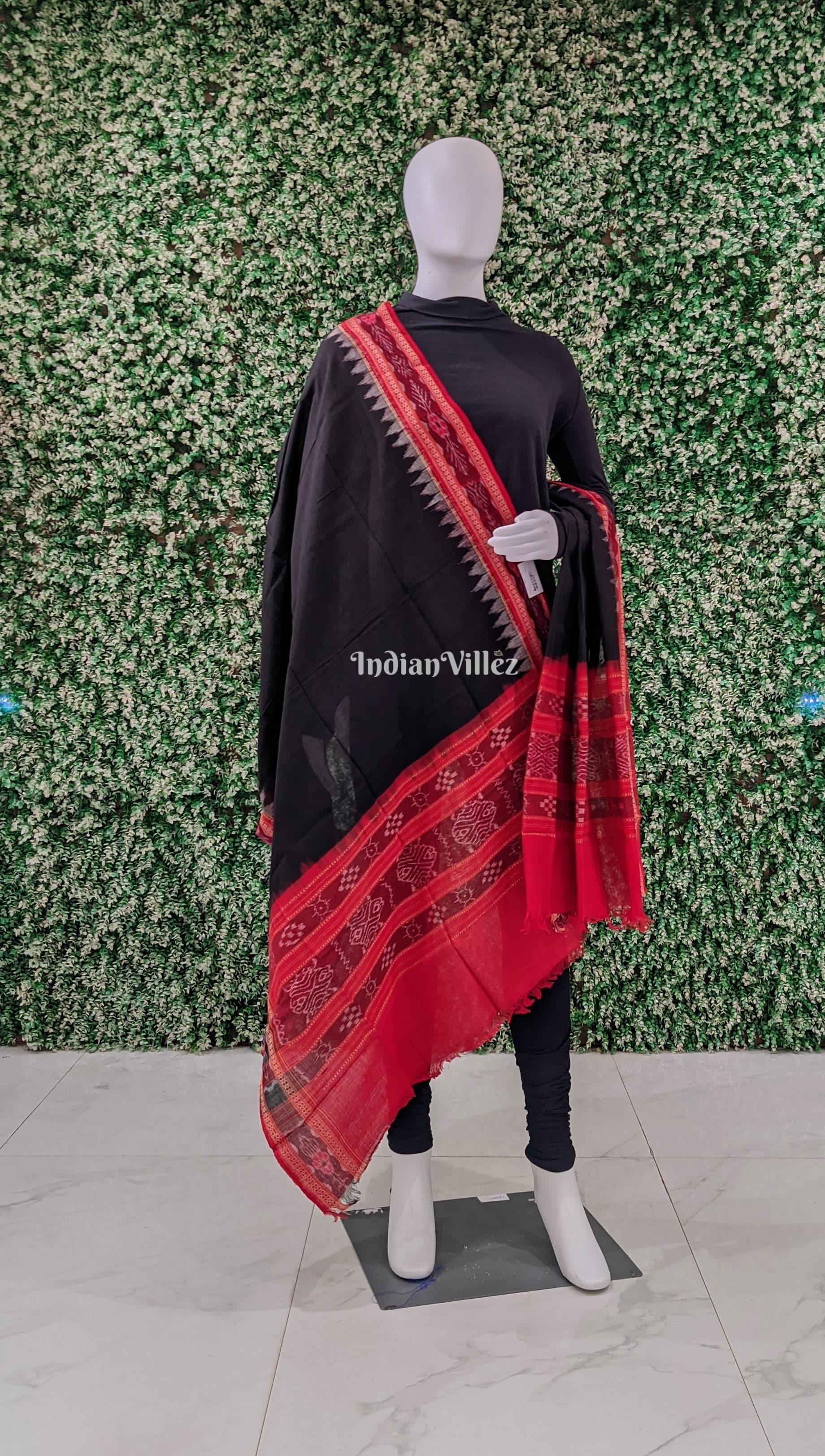 IndianVillèz Black Red Handwoven Odisha Ikat Cotton Dupatta