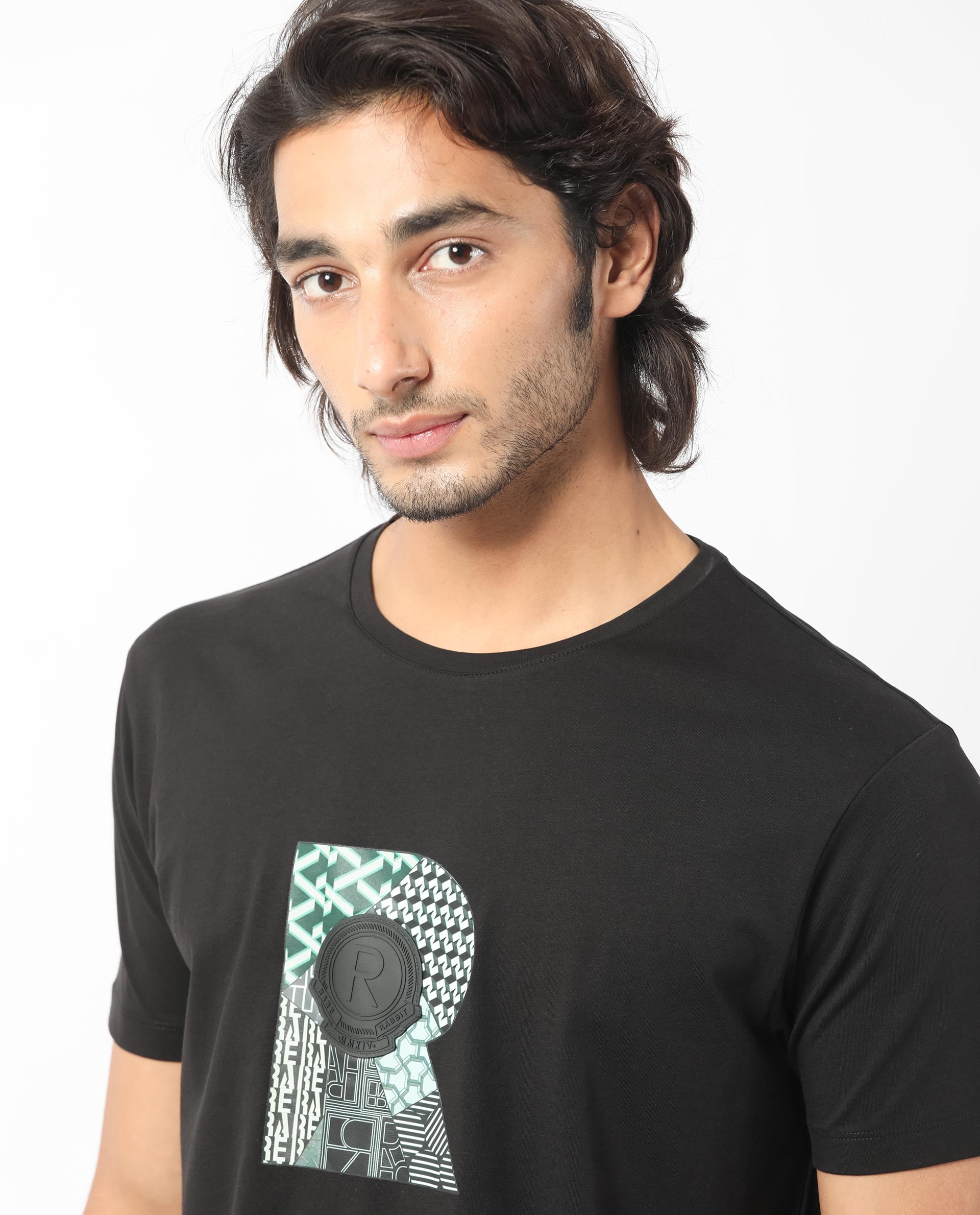 Rare Rabbit Men's Misor Black Crew Neck Half Sleeves Regular Fit Applique Rare Badge Graphic Print T-Shirt - view 6