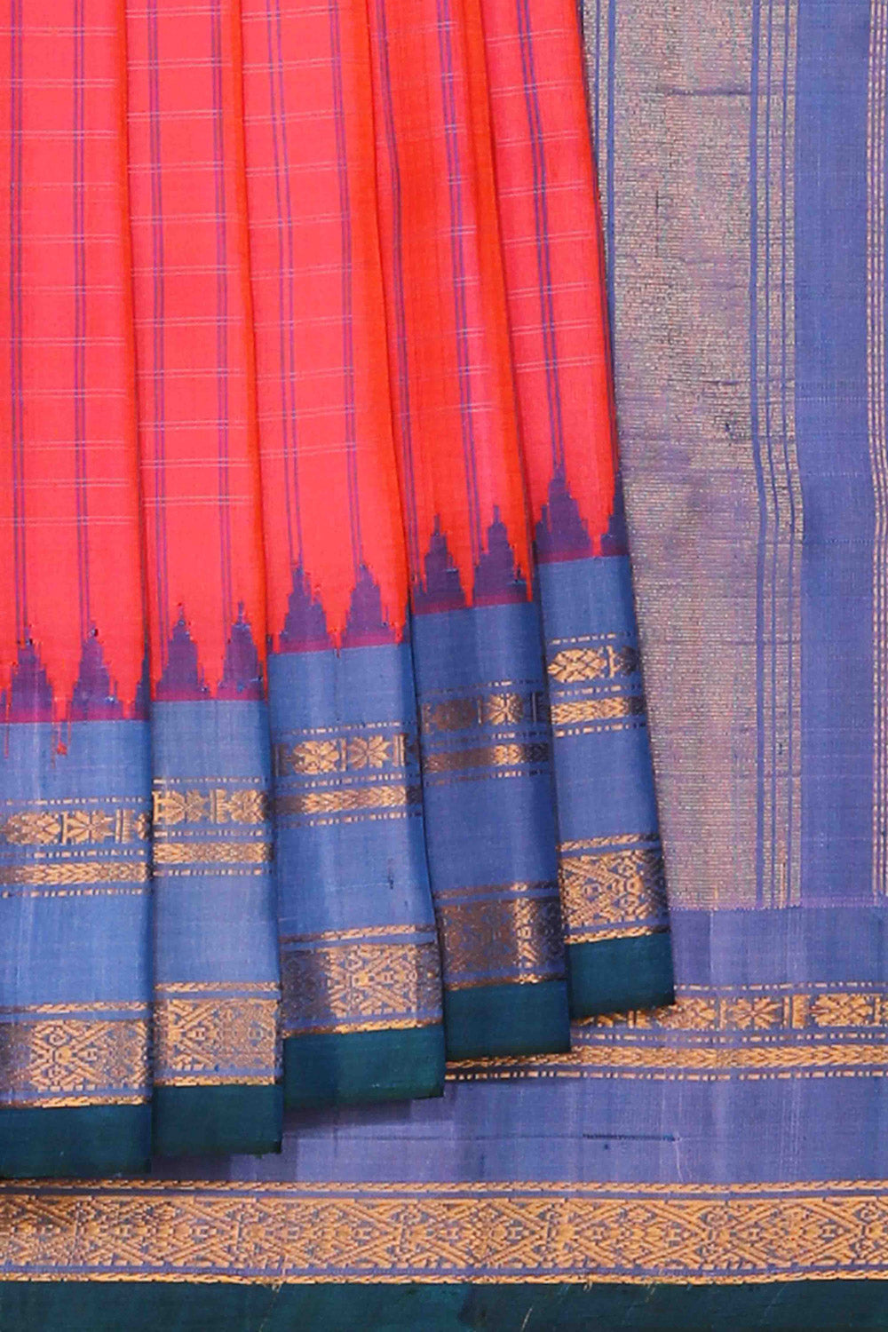 Kalanjali Gadwal Silk Coral Red Saree – Women's