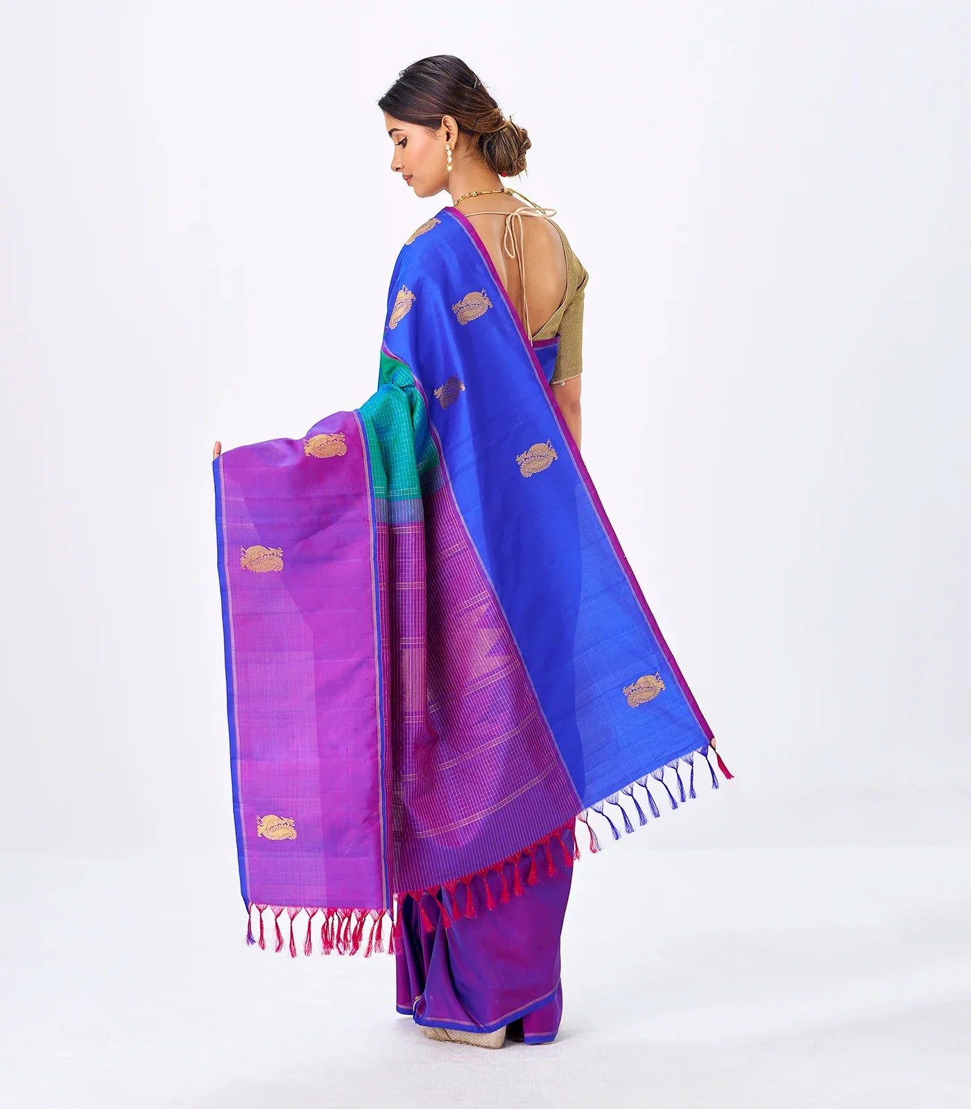 RmKV Cyan Handloom Kanchipuram Silk Saree With Zari Checks & Ganga Jamuna Border - view 3