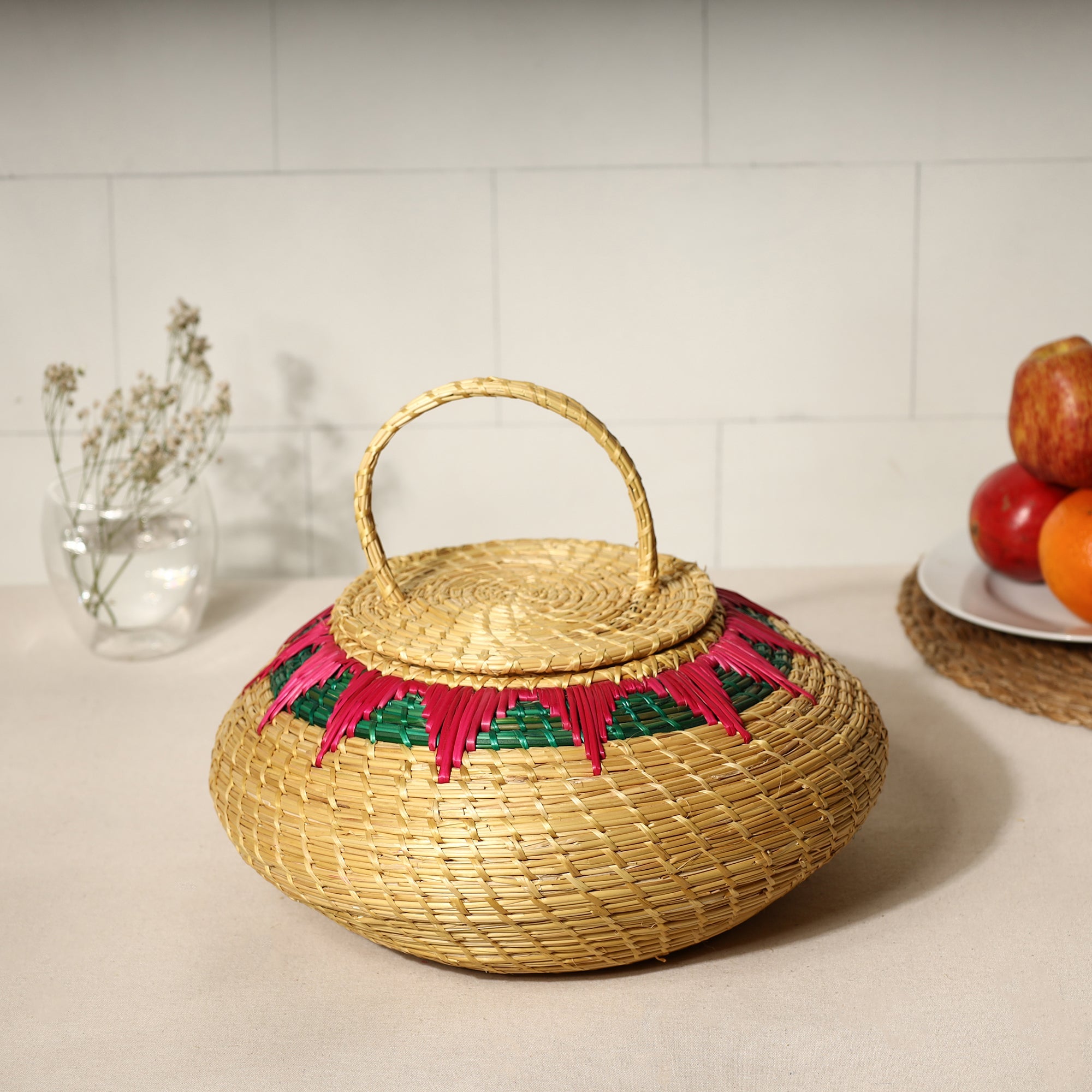 ITOKRI CRAFTS INITIATIVE Beige - Handmade Sikki Grass Multipurpose Basket with Lid (Big)