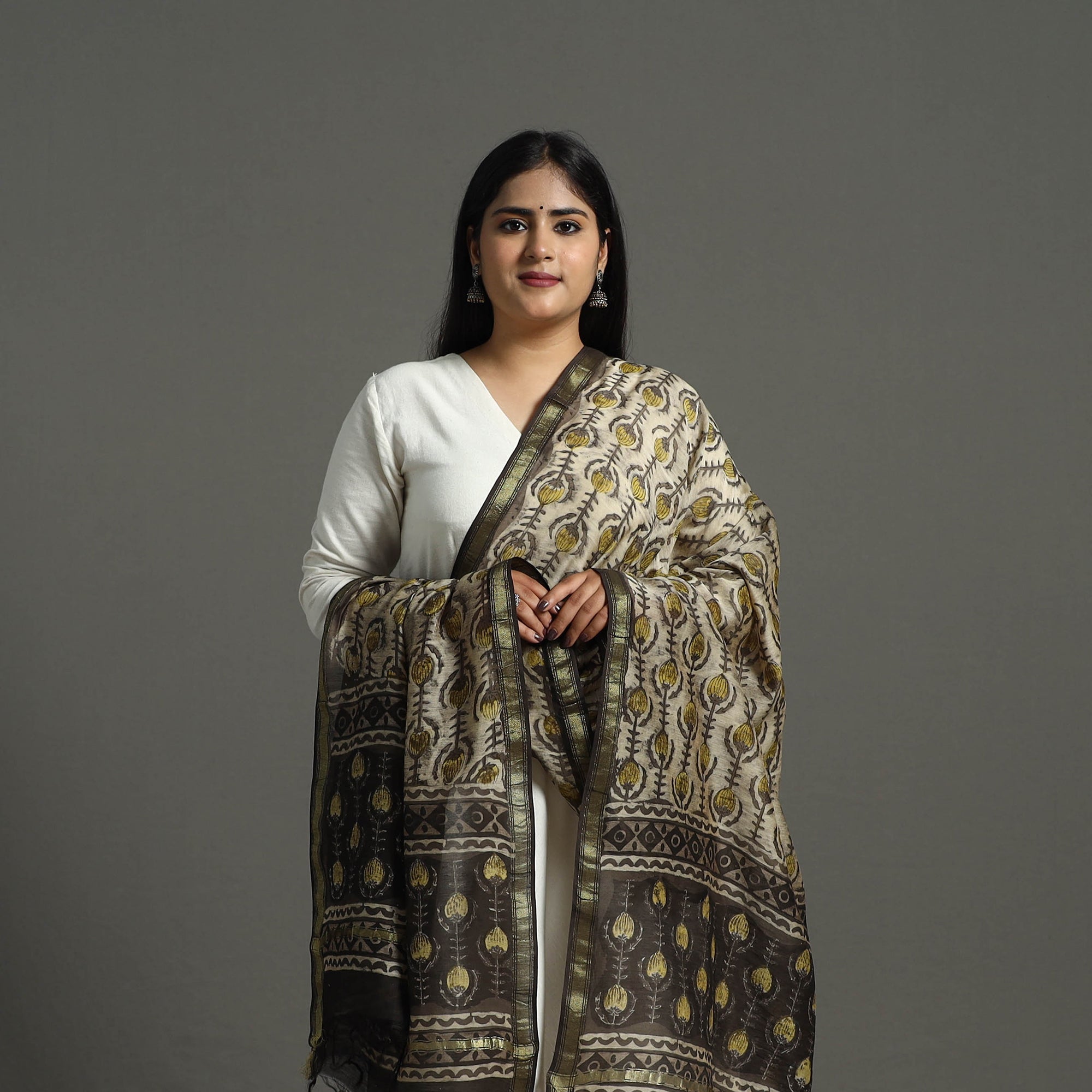 ARTISAN HAND BLOCK PRINTS Beige - Block Print Chanderi Silk Ajrakh Dabu Bagru Dupatta 08 - view 3
