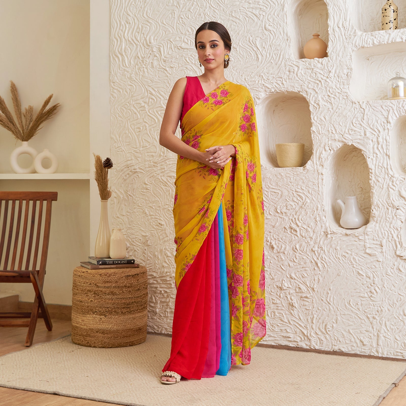 Half half saree – BlackTree Yellow Pure Georgette Floral Multicolour Half & Half Saree