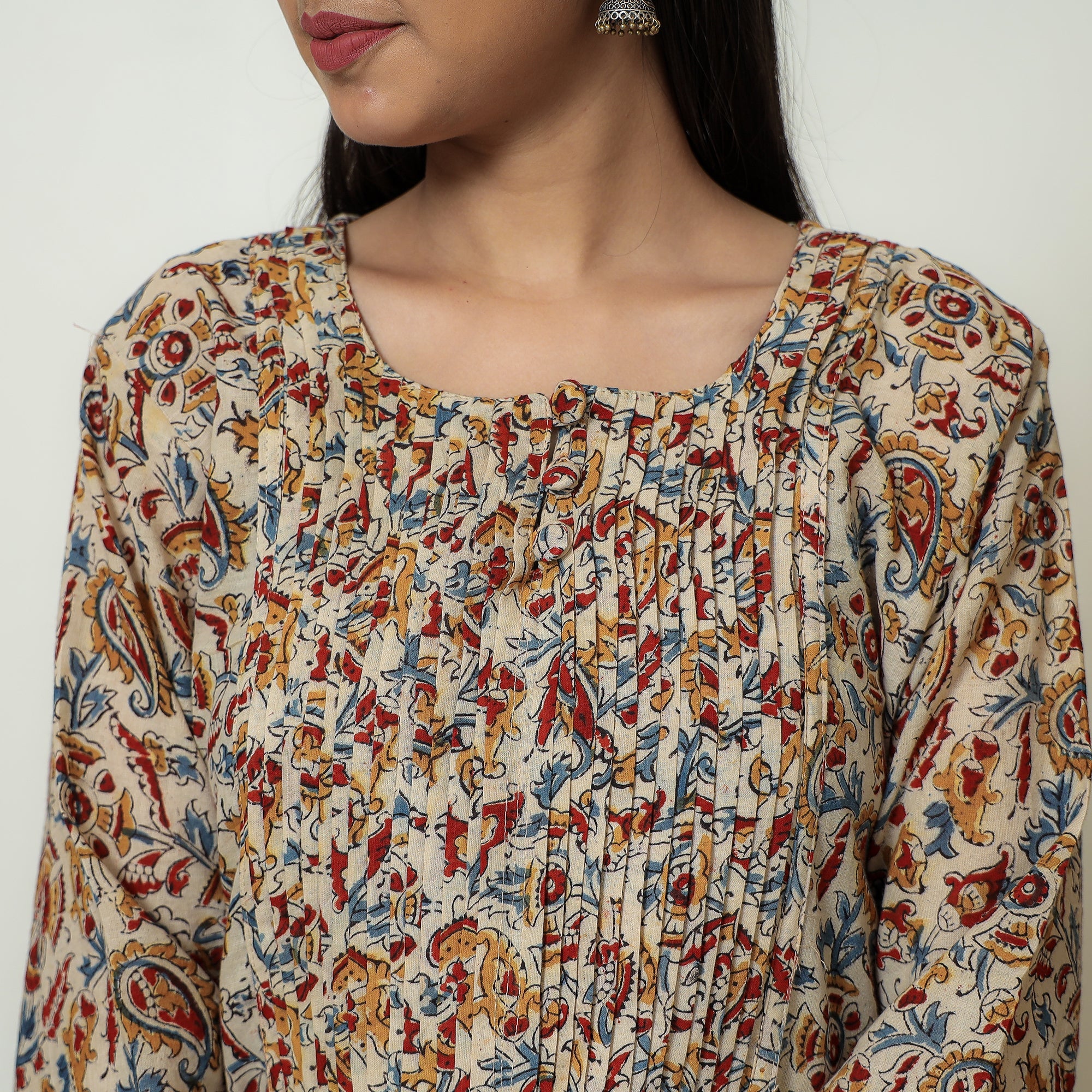 ITOKRI CASUALS Beige - Kalamkari Hand Block Printed Mul Cotton Pintuck A-Line Kurta 01 - view 6
