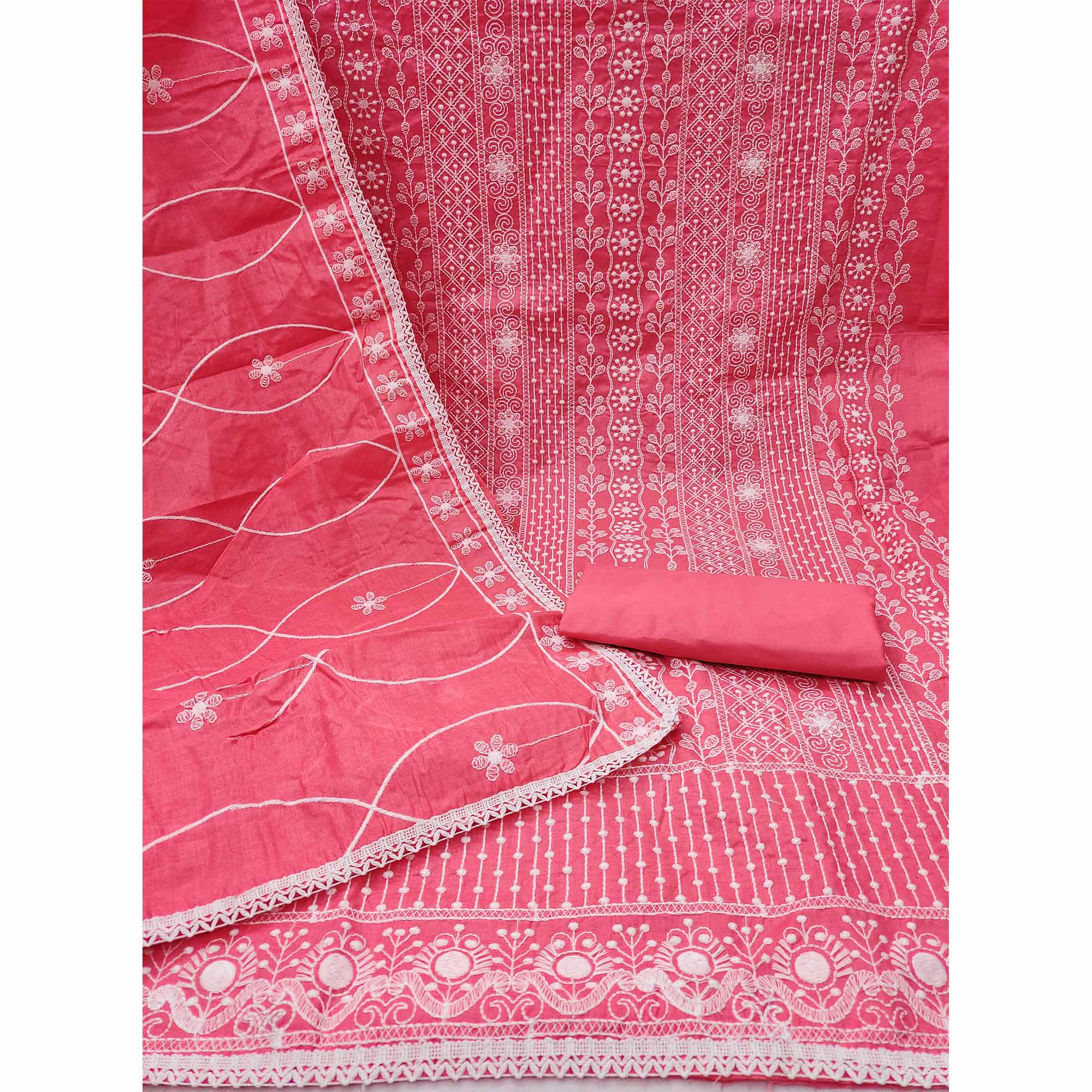 Peachmode Gajari Pink Floral Embroidered Pure Cotton Dress Material - view 3