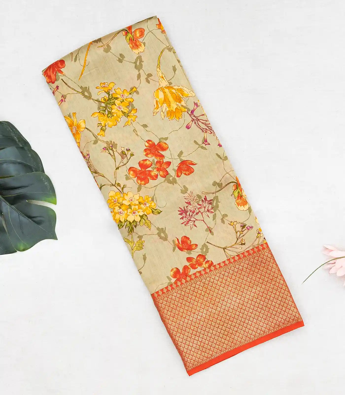 RmKV Taupe Woven Chiniya Silk Saree Digital Printed With Floral Motifs