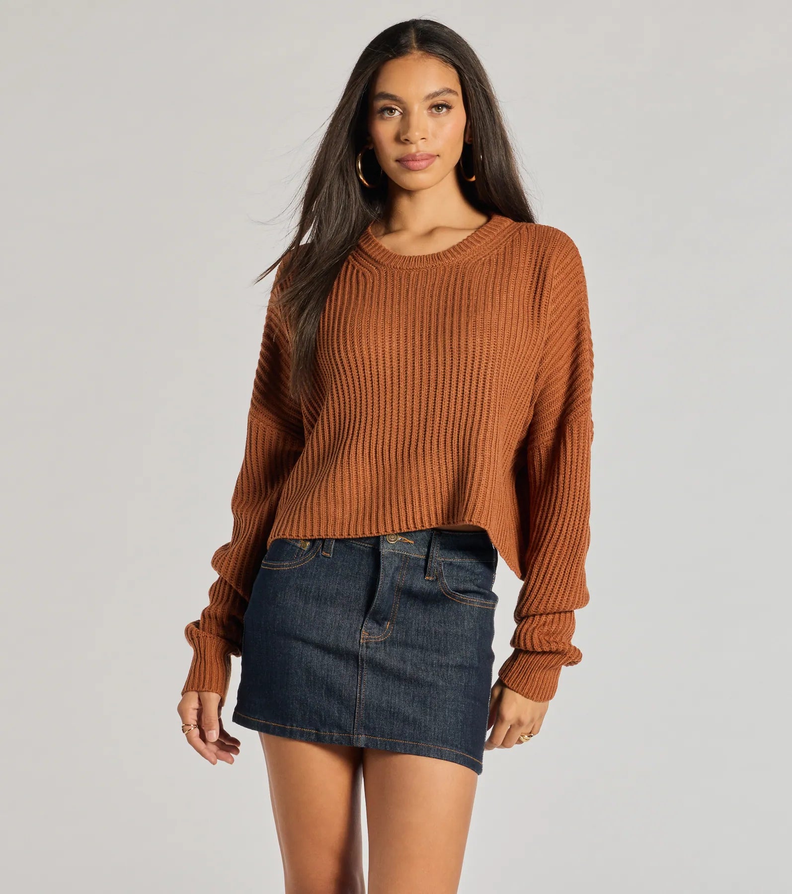 Windsor Chic Crew Ribbed Knit Sweater – RUST
