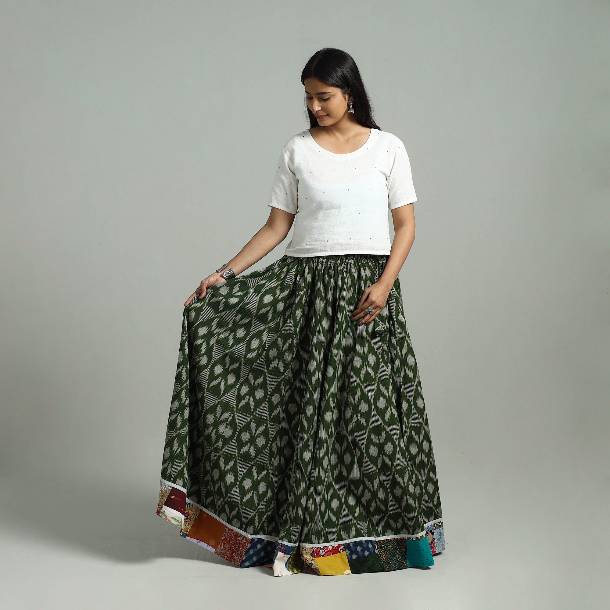 NOORI BAZAR Green - 24 Kali Patchwork Cotton Pochampally Ikat Skirt 48