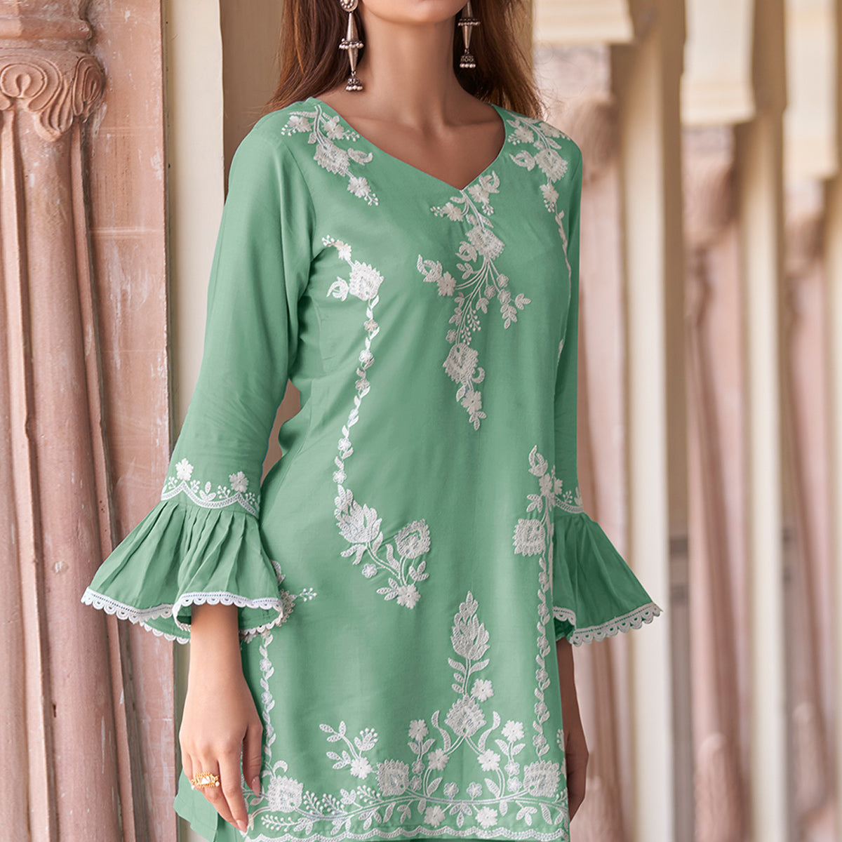 BlackTree green-floral-embroidered-rayon-co-ord-set - view 3
