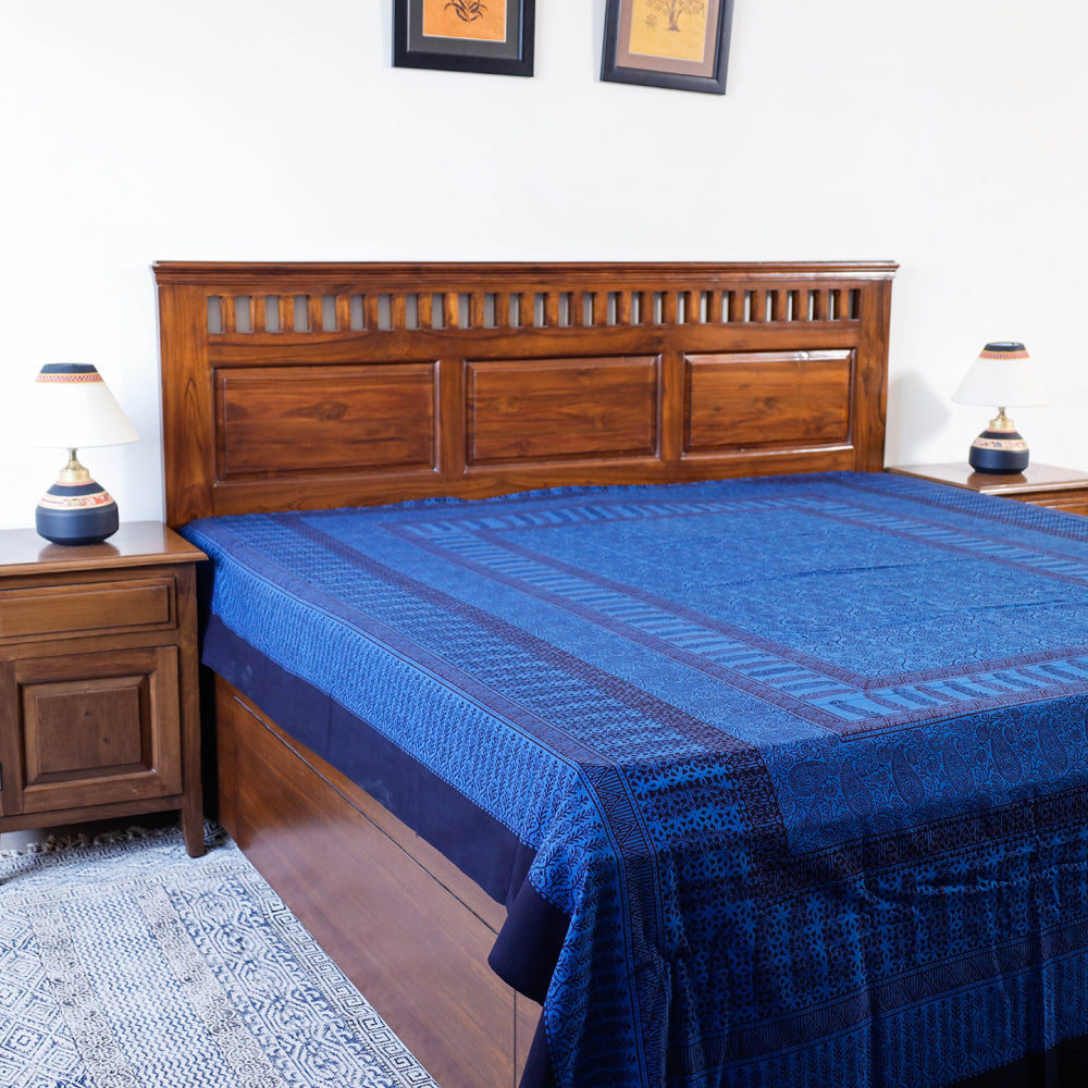 BAGH PRINTS BY UMAR FARUK KHATRI Blue - Bagh Block Printed Natural Dyed Pure Cotton Double Bed Cover (110 x 88 in)