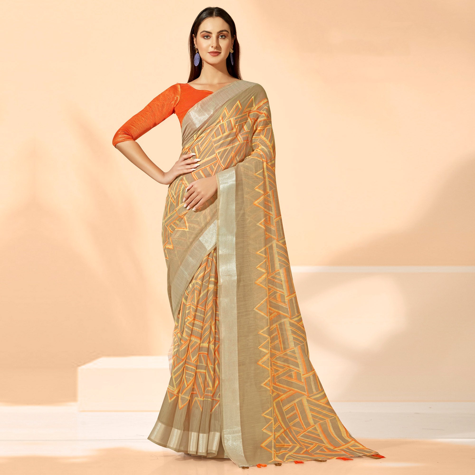 Peachmode Chikoo Printed Cotton Silk Saree With Tassels