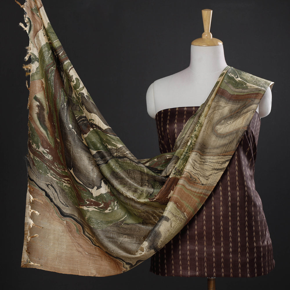 RUISA Brown - 3pc Handloom Mulberry Silk Suit Material Set with Banana Silk Marble Printed Dupatta