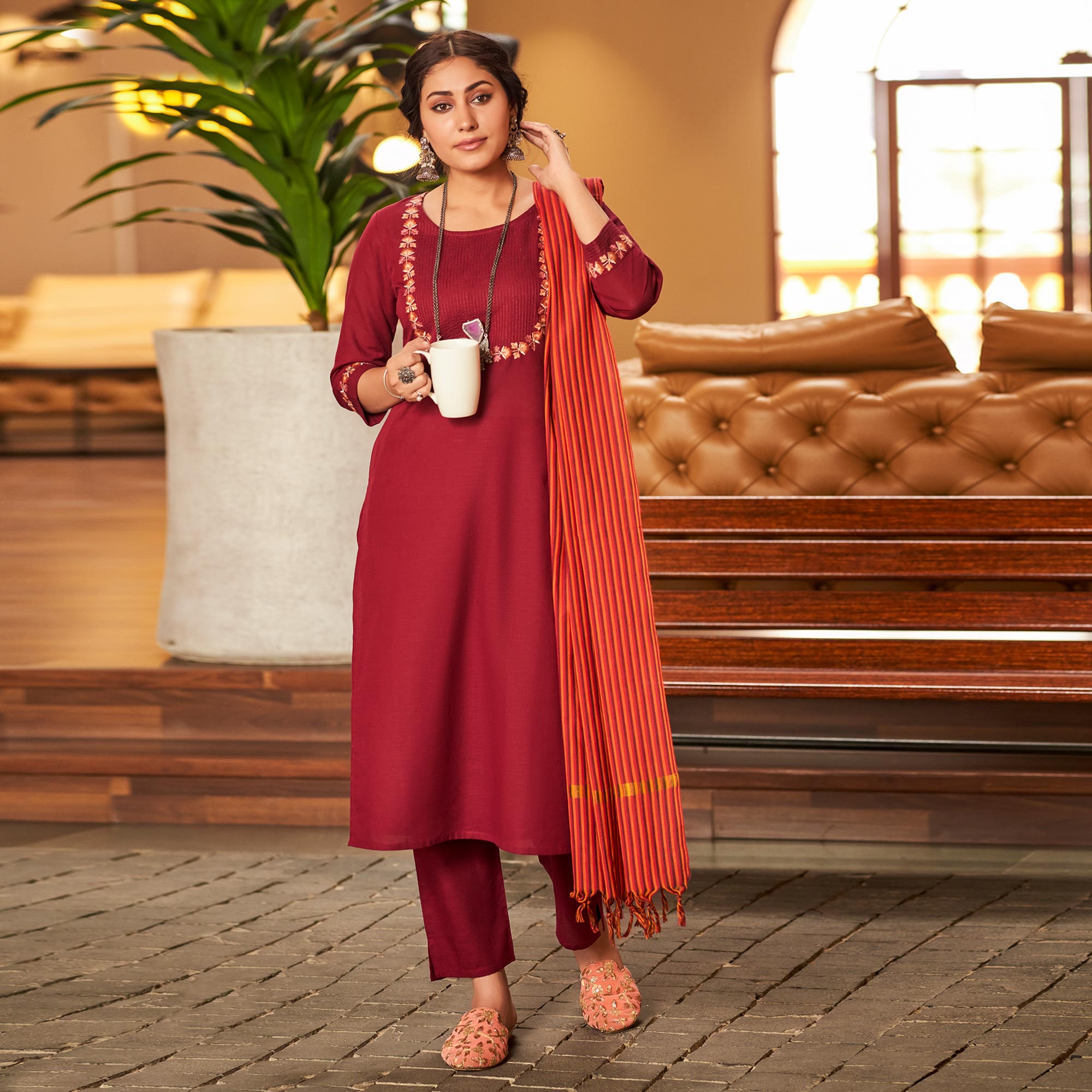 Peachmode Seller Maroon Embroidered Pure Cotton Suit