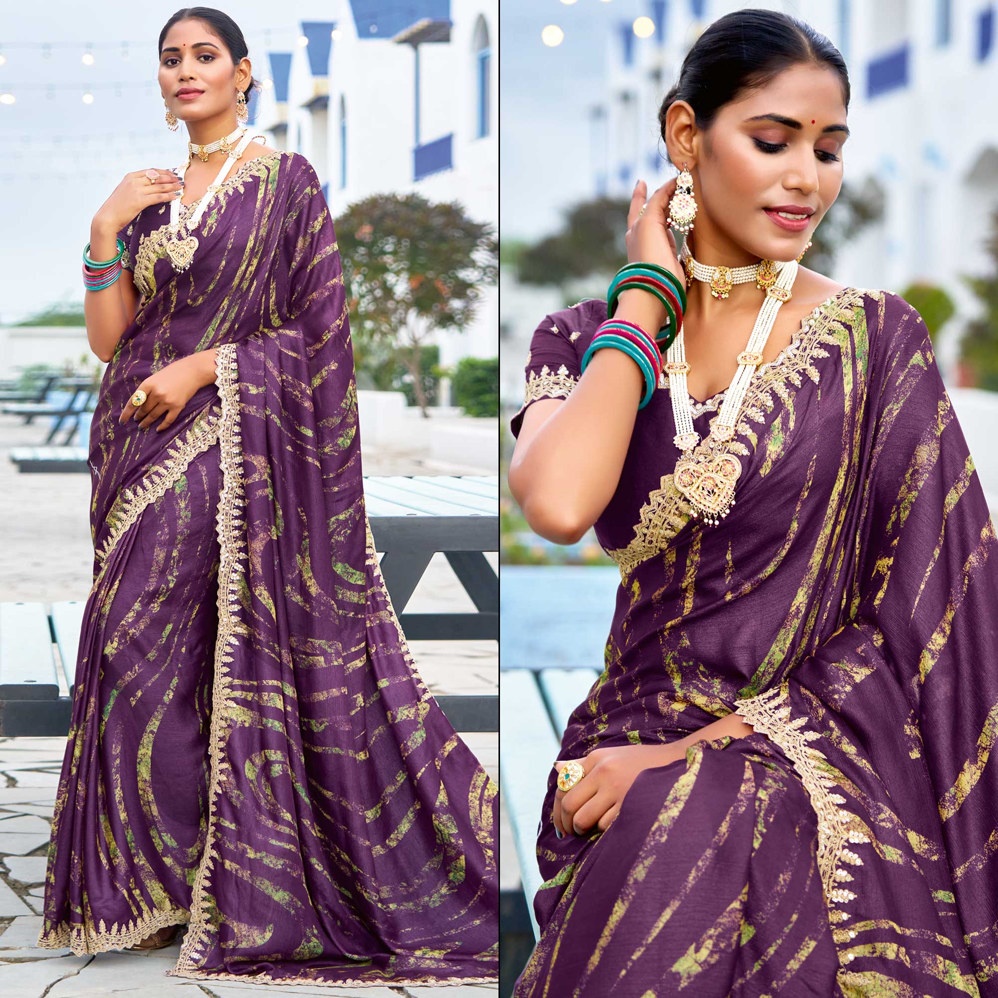 Peachmode Light Wine Printed Chiffon Saree With Sequins Border